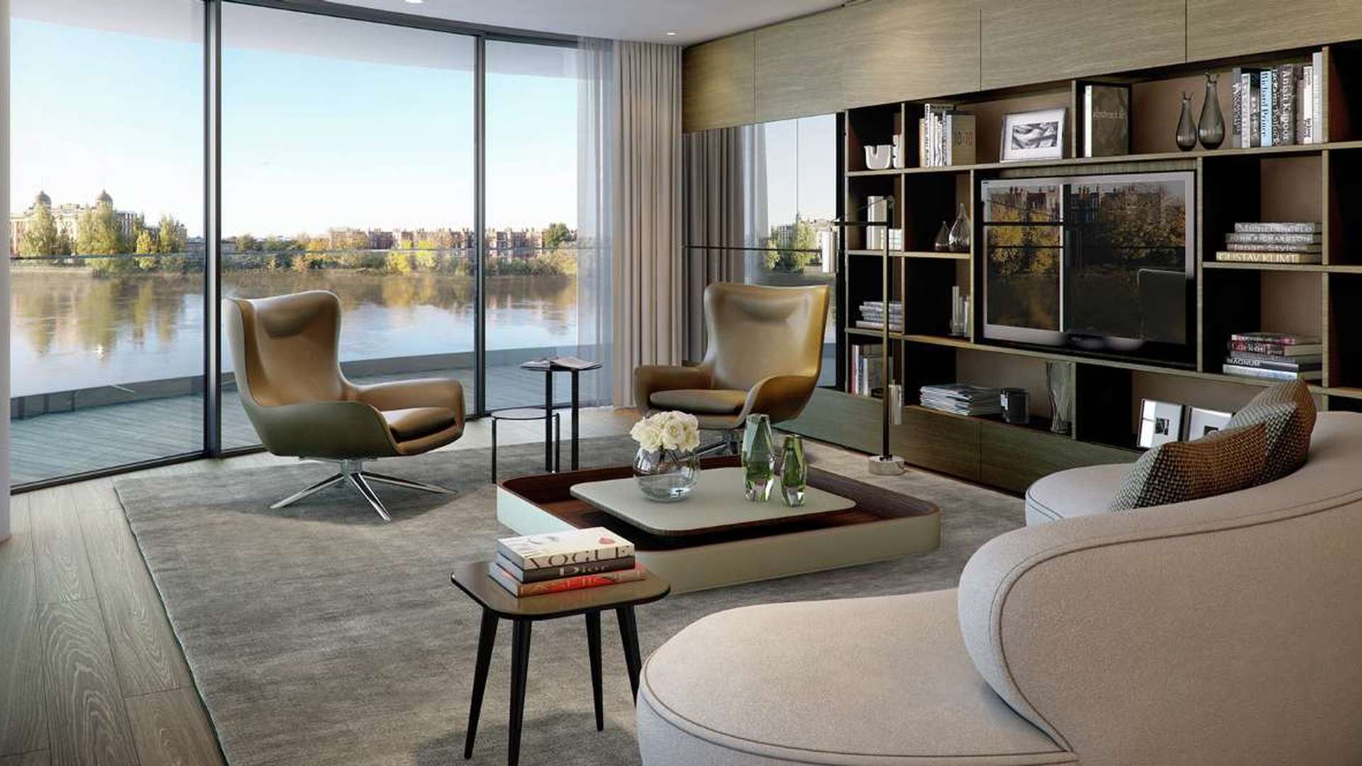 Modern open-plan kitchen and dining area in Henley Apartments, Hammersmith, London