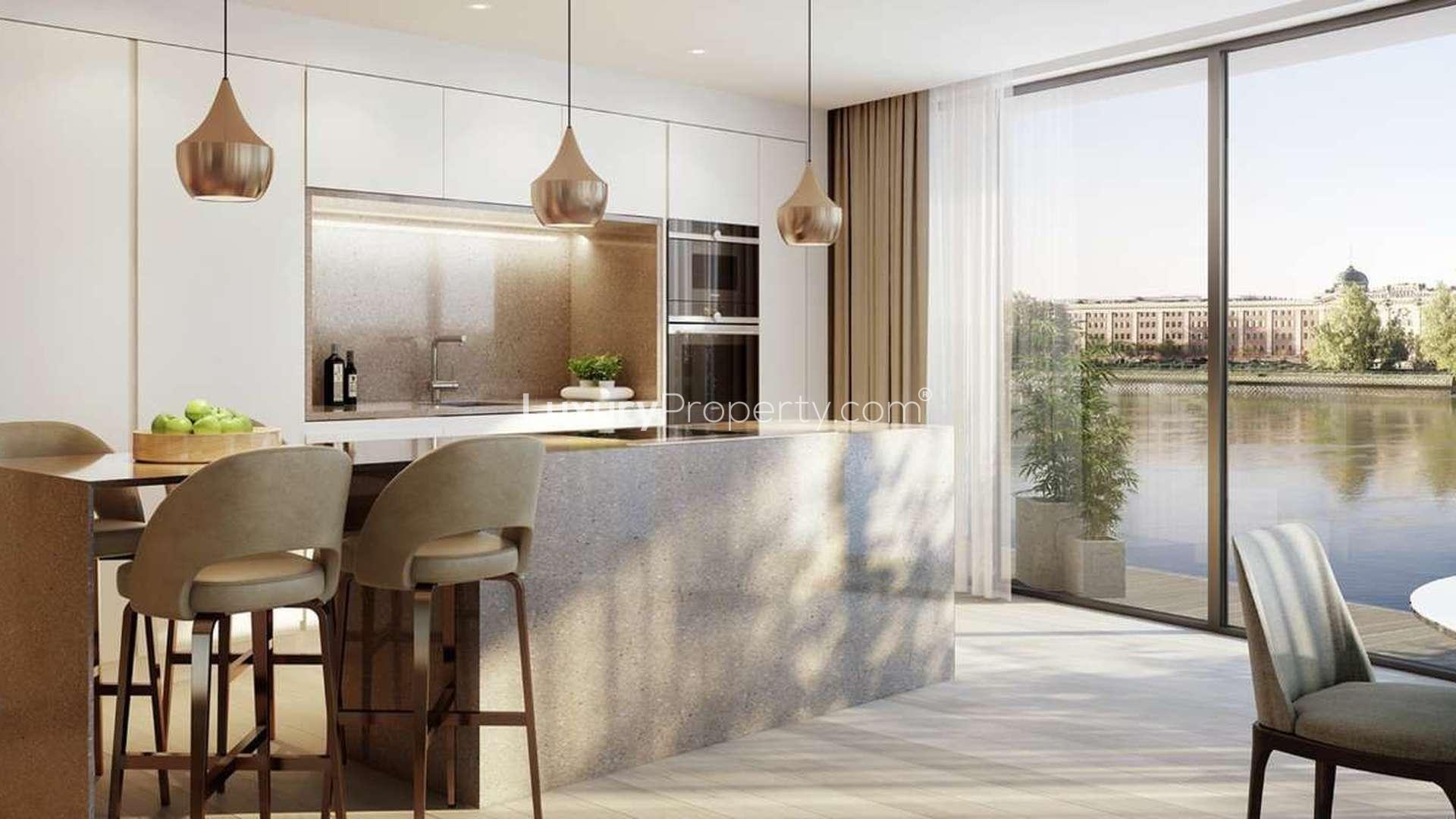 Luxurious living room with river views in Henley Apartments, Hammersmith, London