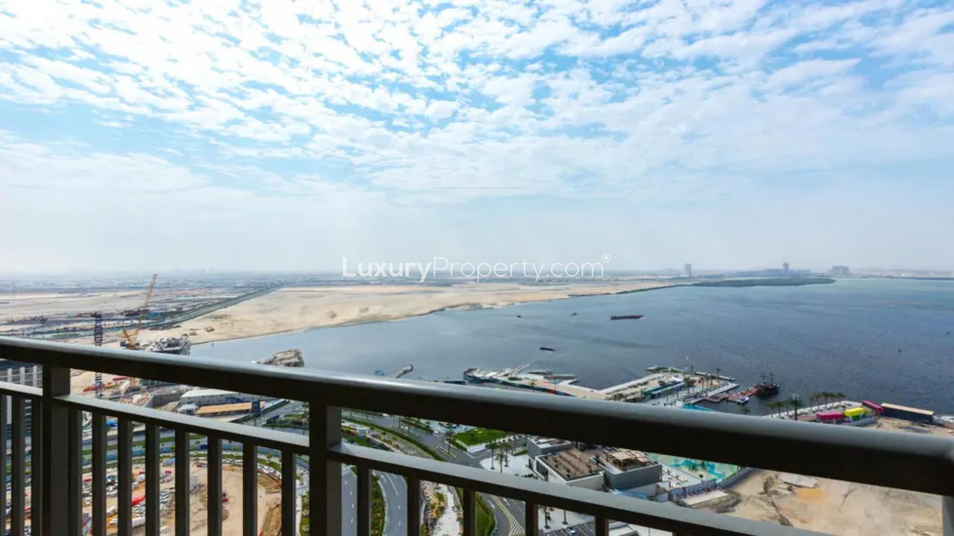 Aerial view of Dubai Creek from stunning 2-bedroom apartment for sale in Dubai Creek Harbour