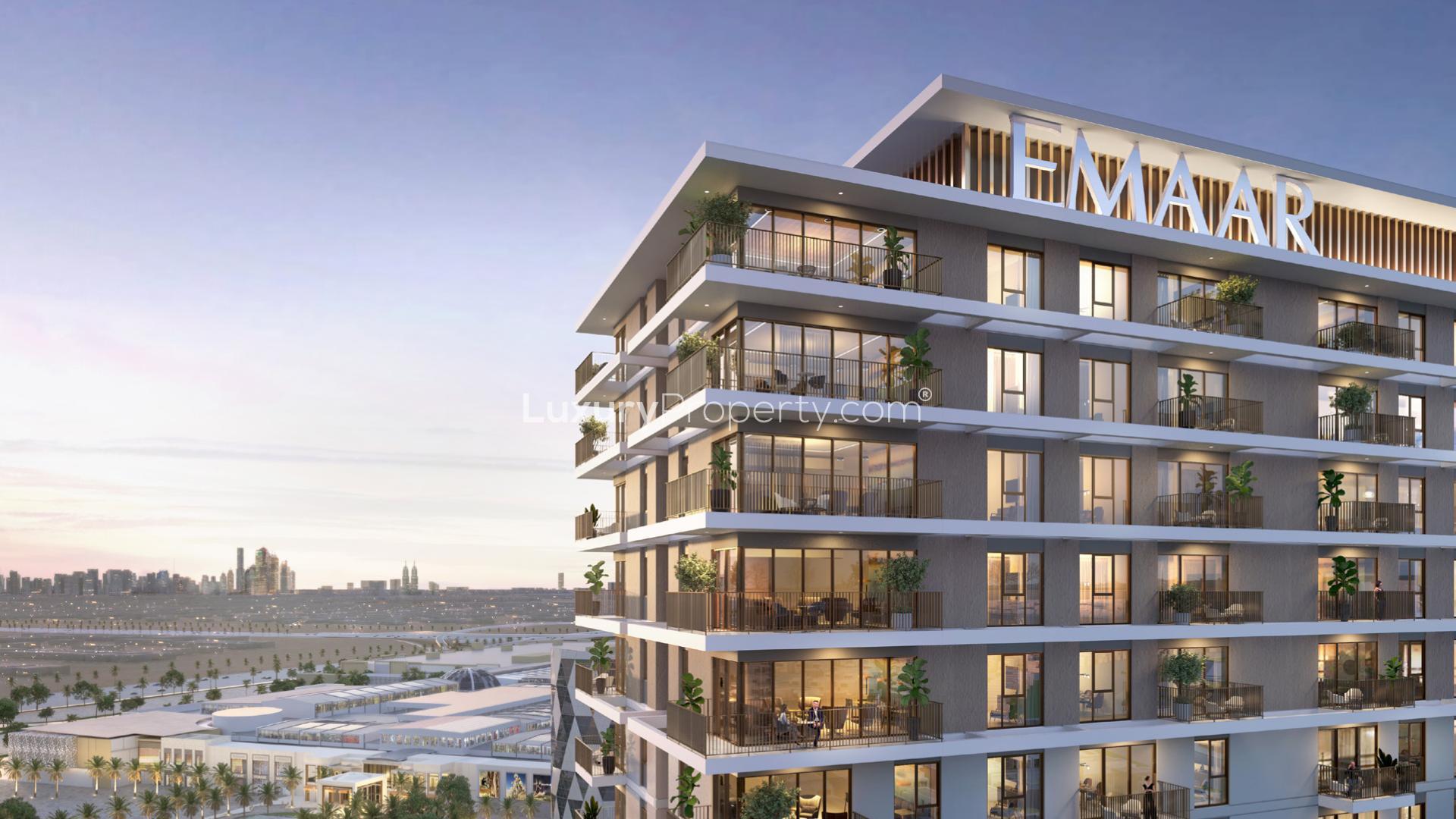 Modern dining area with balcony view in Dubai Hills Estate apartment for sale