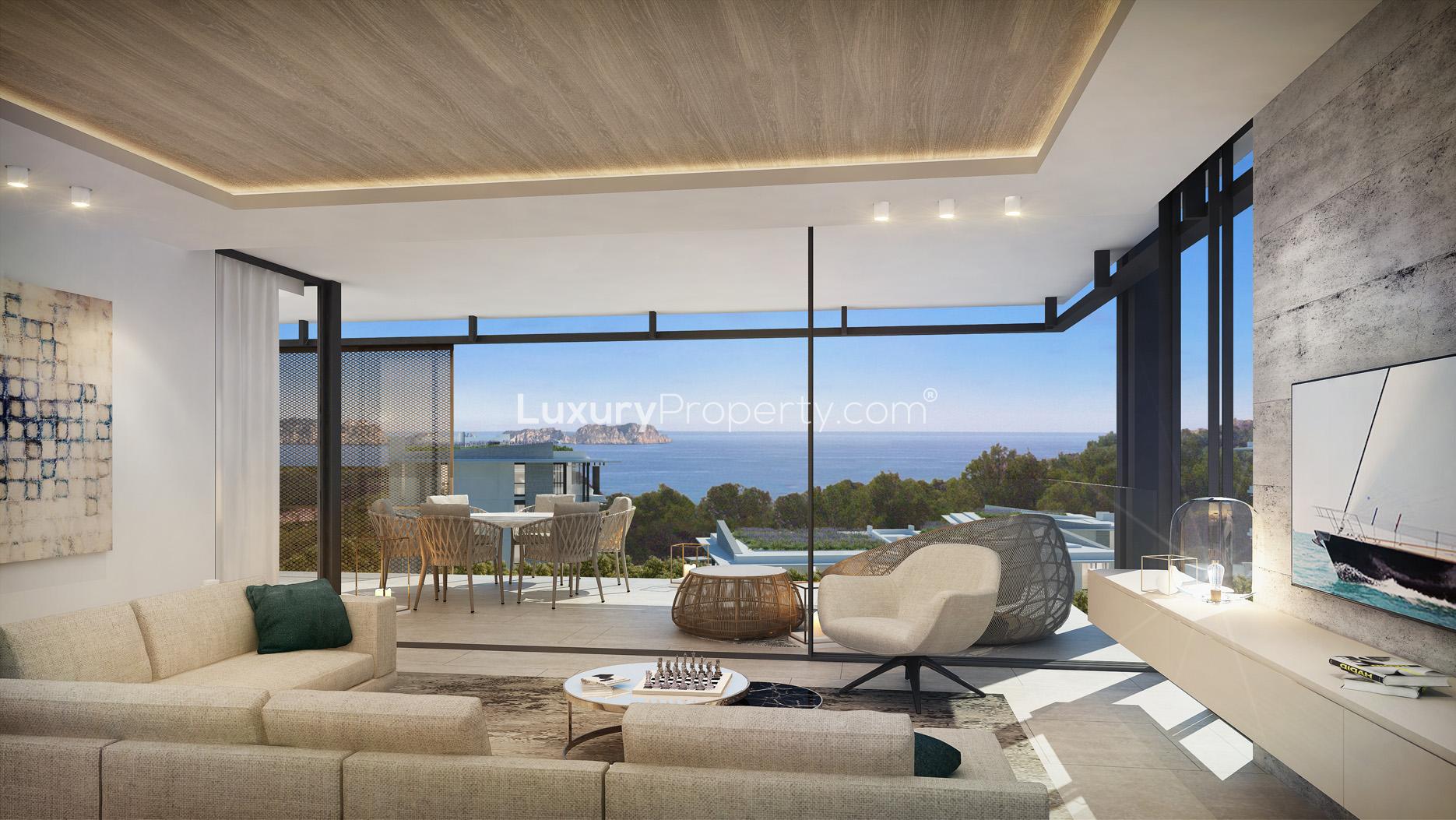 Sunset view of Sa Puntassa Island coastline in Mallorca from elegant garden apartment