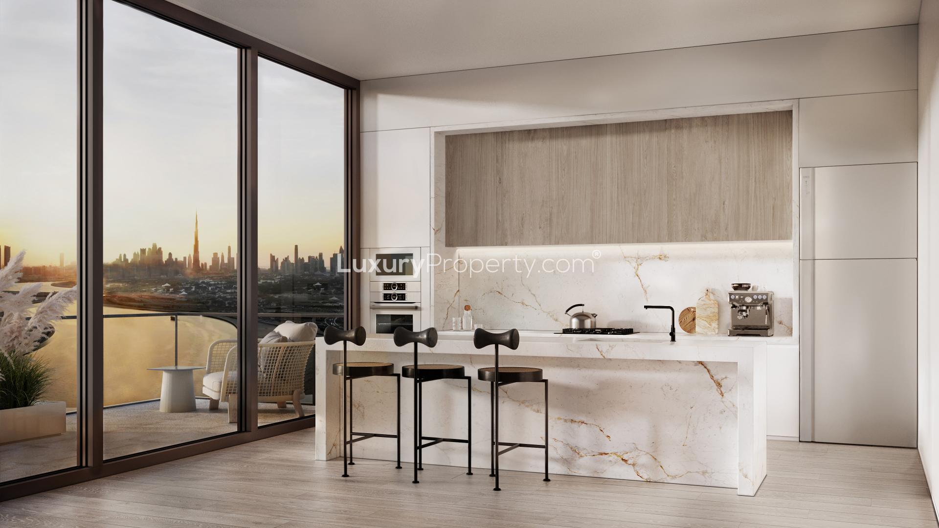 Modern living room and kitchen in 2-bedroom duplex, Kempinski Residences, Al Jaddaf