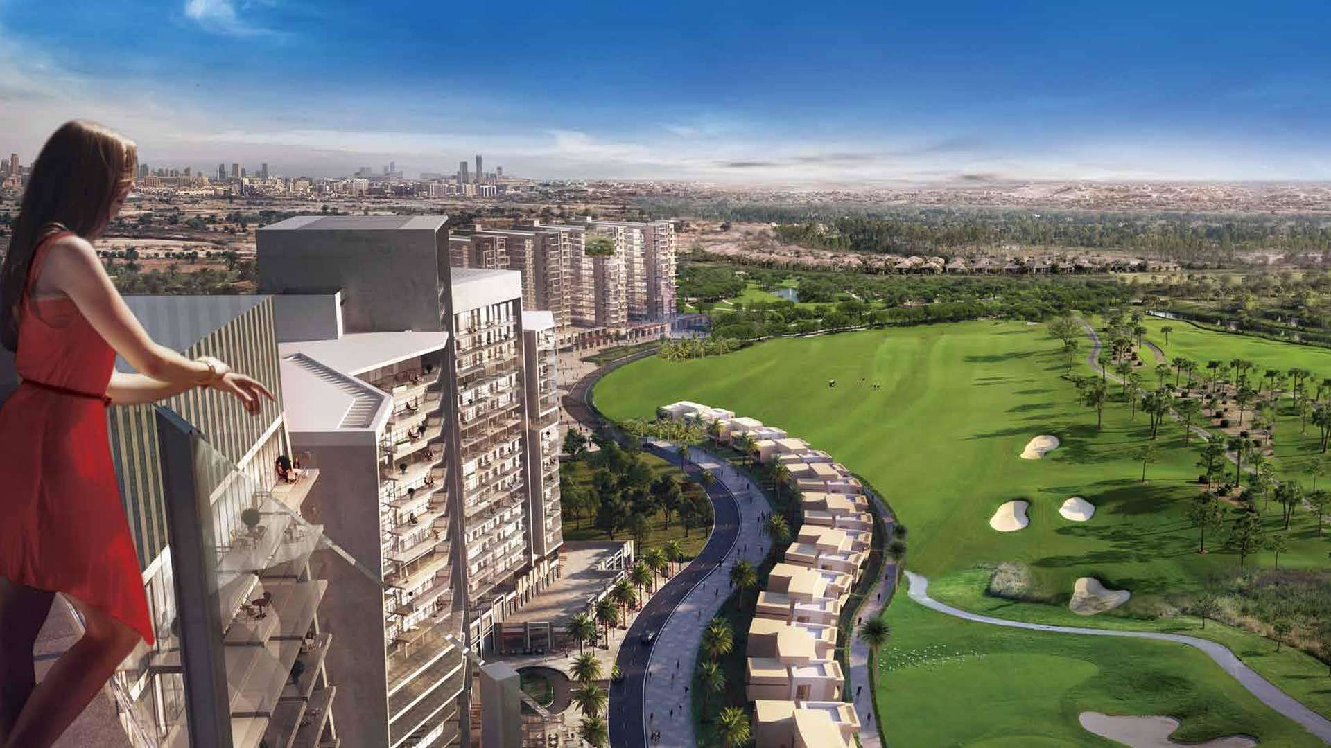 Furnished Kiara apartment balcony with stunning golf course views in Dubailand