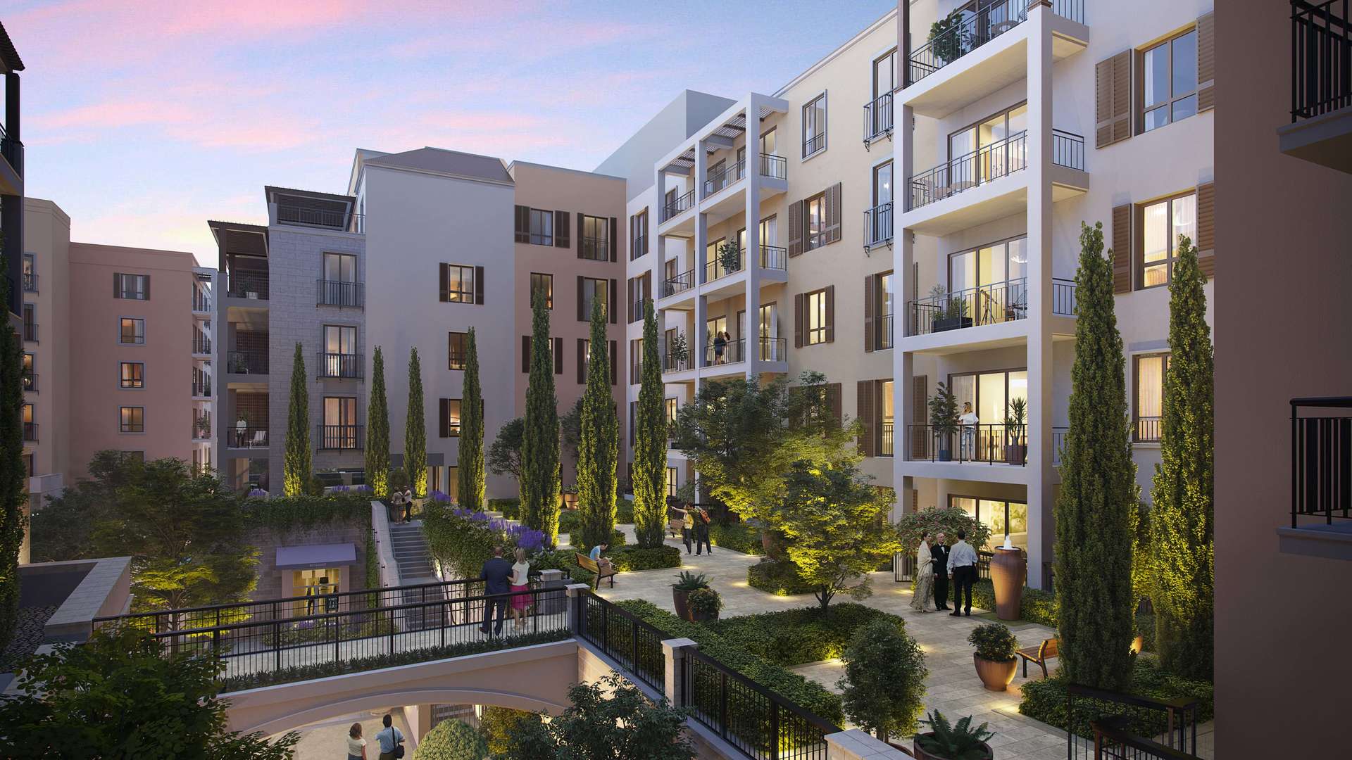 N/A,"Elegant courtyard view of La Rive apartment complex in Jumeirah, Port De La Mer.",Courtyard view of La Rive apartments, Port De La Mer, with lush greenery and seating