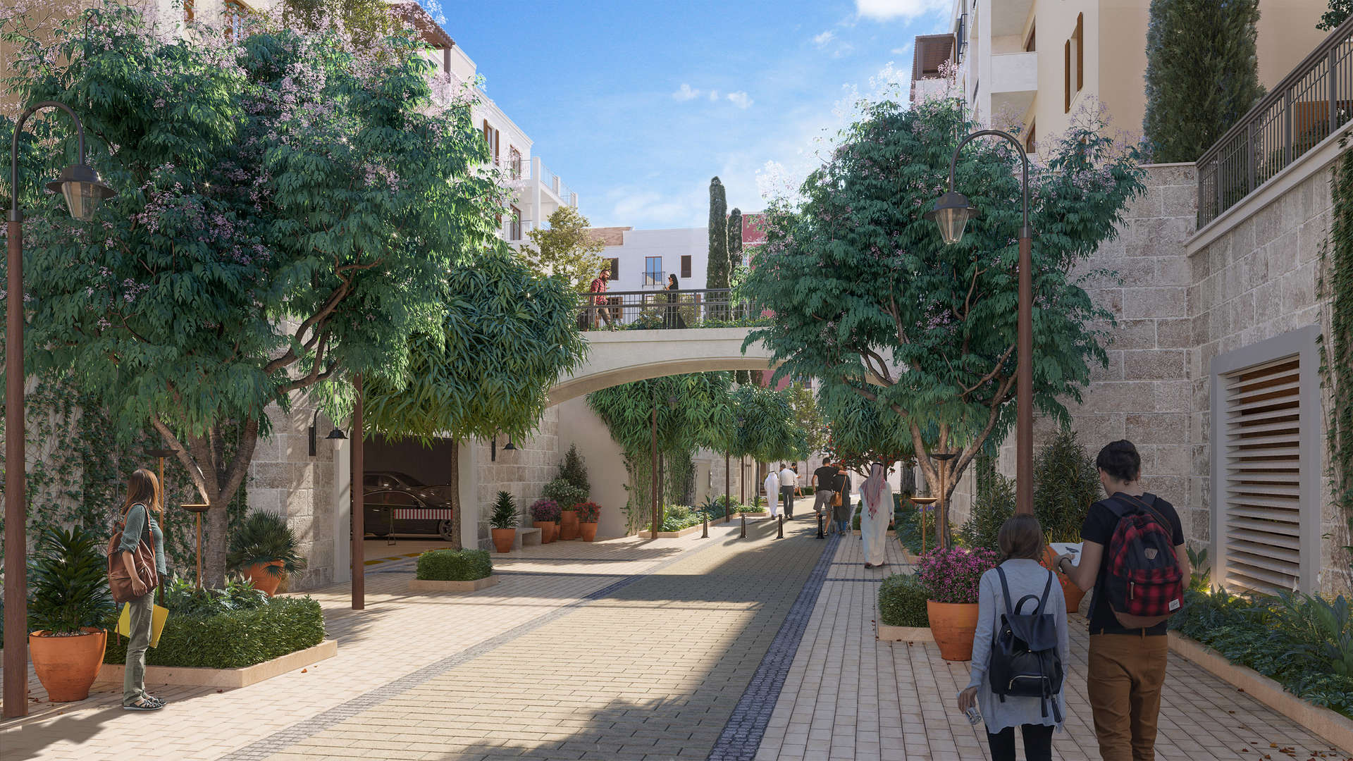 Alt text: "Modern La Rive apartment exterior with marina view in Port De La Mer, Jumeirah.",Outdoor pool area at La Rive apartment, Port De La Mer, Jumeirah, with loungers and trees