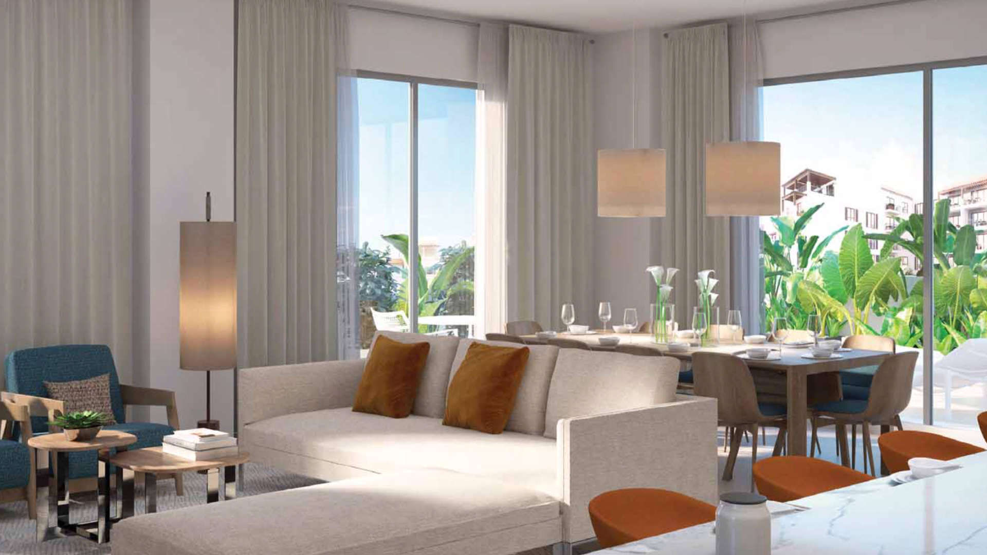 Modern bedroom in two-bed apartment for sale at La Voile, Jumeirah, La Mer