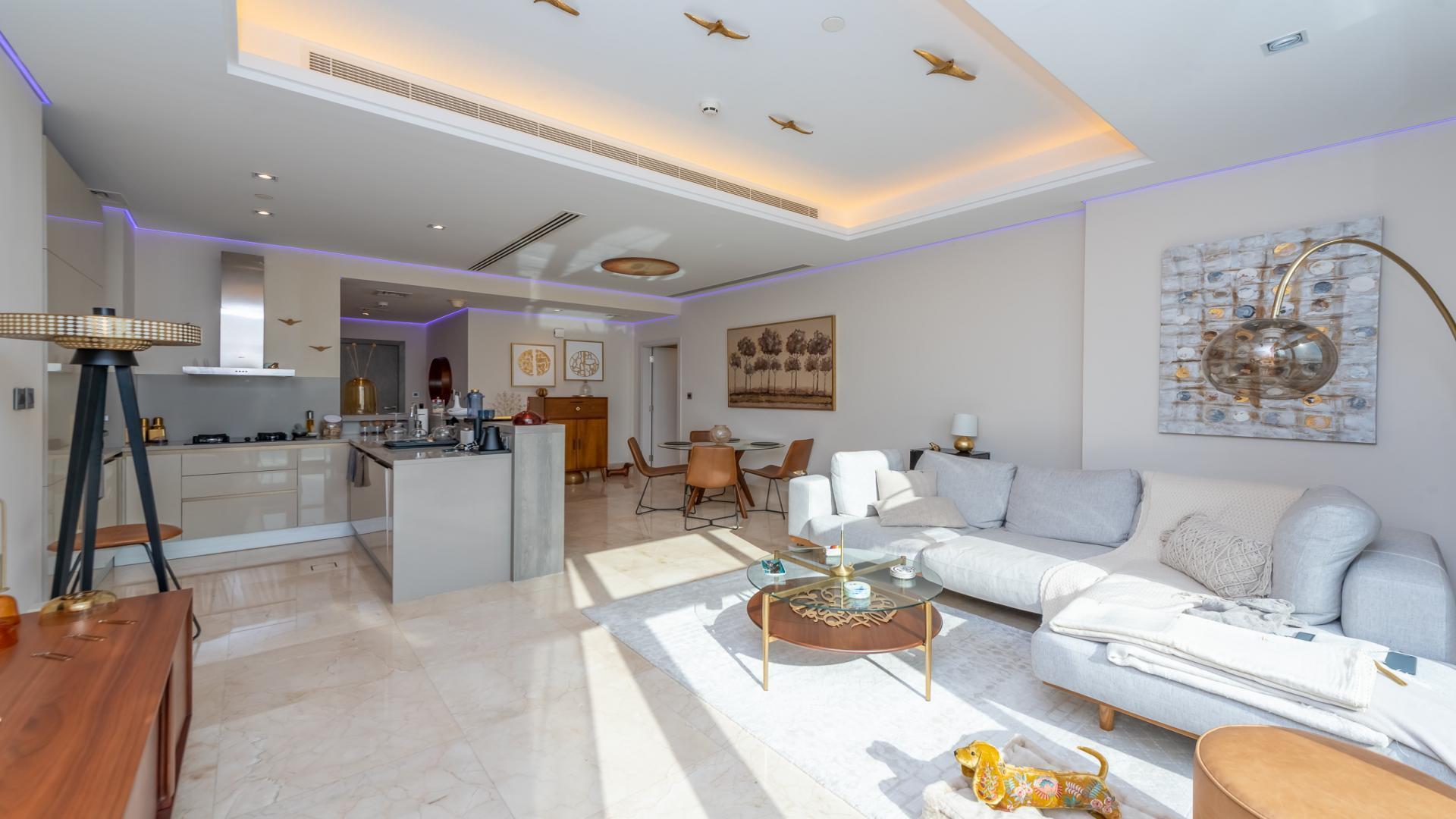 Luxury furnished living room with sea view in Palm Jumeirah apartment, The Crescent