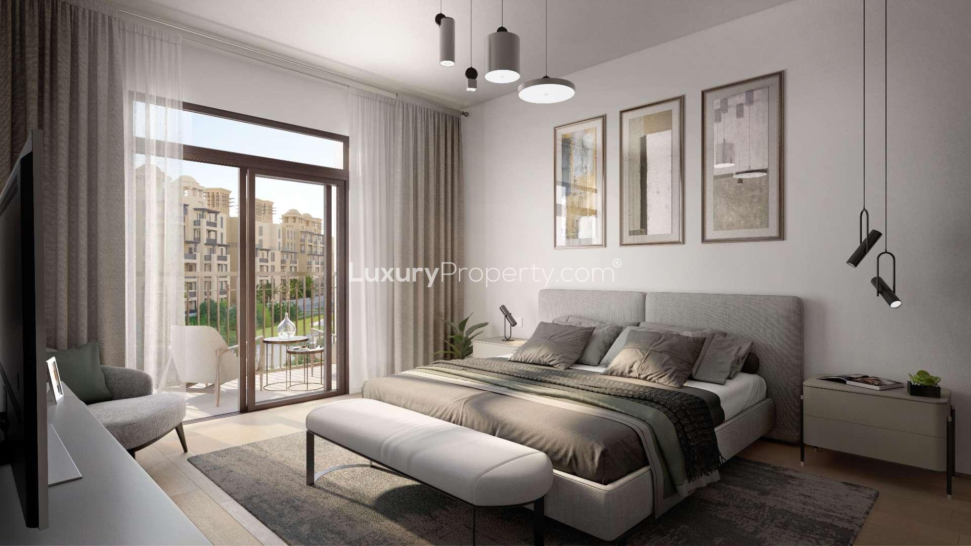 Modern bedroom in Lamaa Madinat Jumeirah Living apartment with balcony view, Umm Suqeim