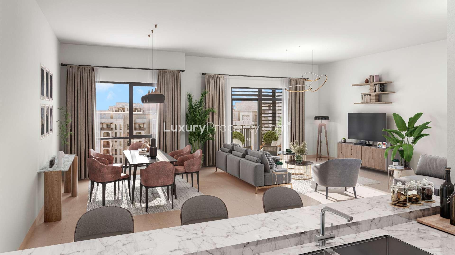 Open-plan living and dining area in two-bedroom Lamaa Madinat Jumeirah apartment, Umm Suqeim