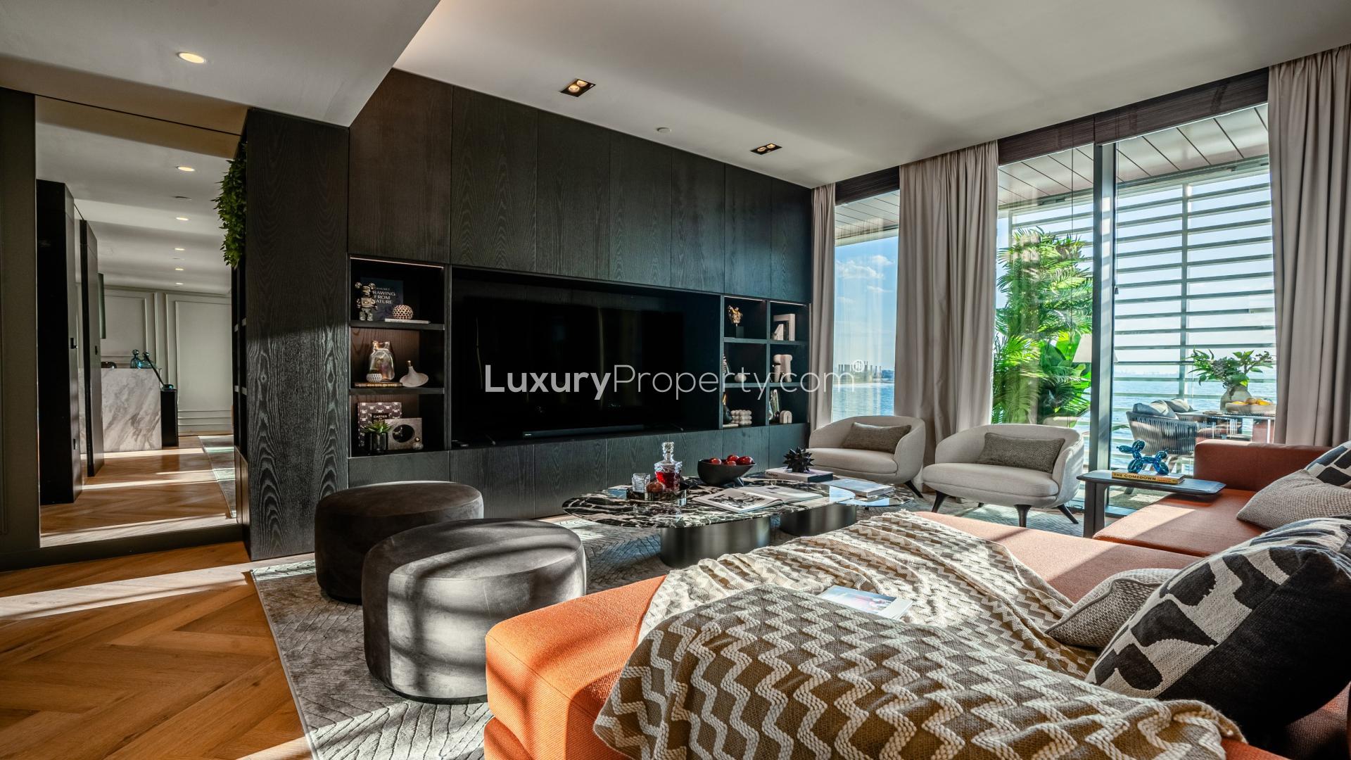 Luxurious bedroom in Bluewaters Residences apartment, featuring modern decor and stunning sea views