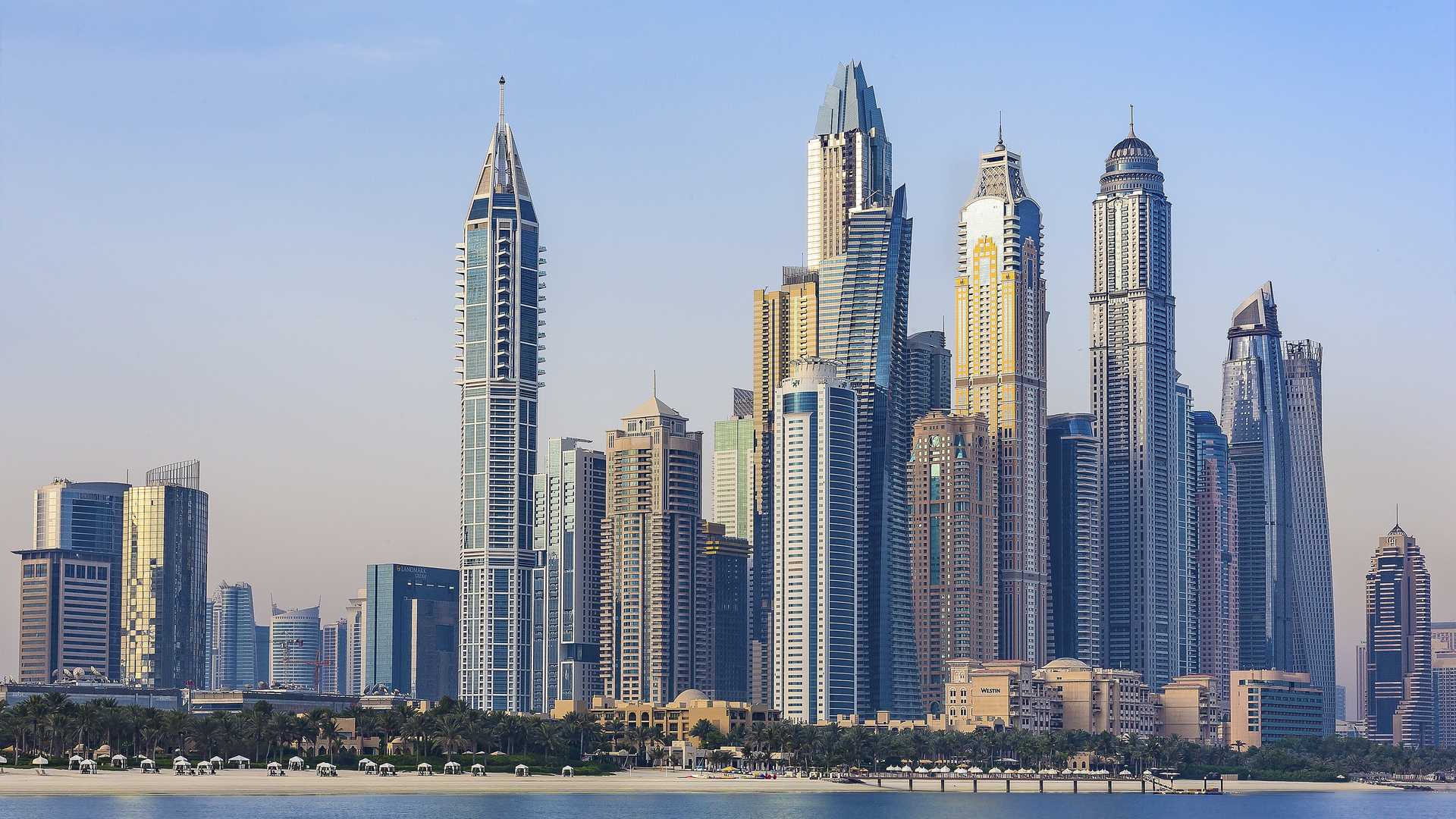 Skyline view of Marina Arcade Tower in Dubai Marina, featuring modern high-rise apartments