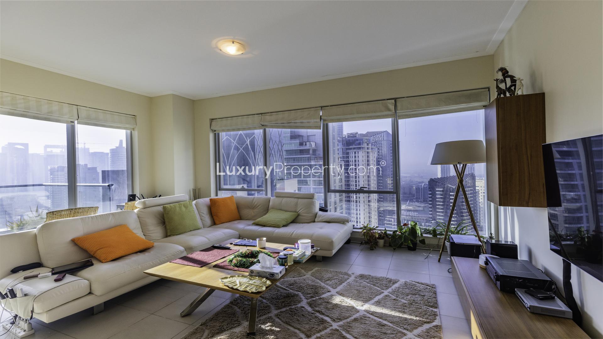 Aerial view of Dubai Marina skyline from Shemara Tower apartment balcony