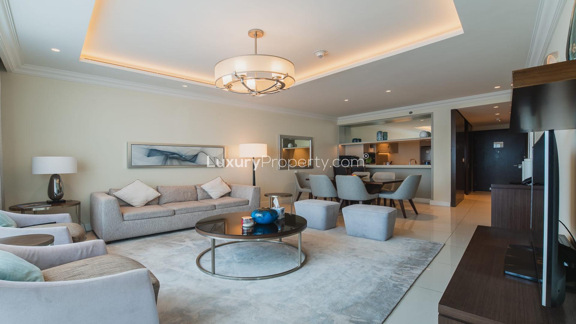 Balcony view of Burj Khalifa from two-bedroom apartment in Fountain Views Tower 1, Downtown Dubai