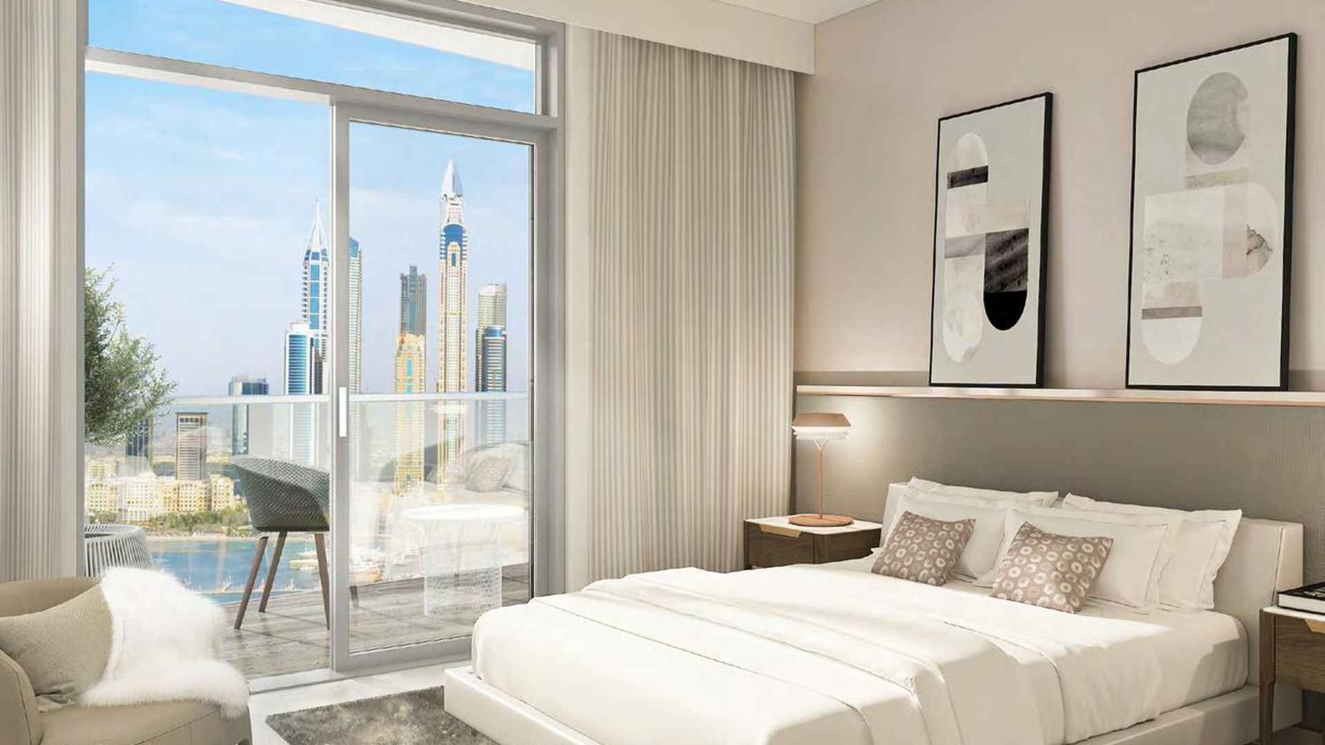 Spacious bedroom with city view in two-bedroom apartment, Marina Vista, Emaar Beachfront, Dubai Harbour