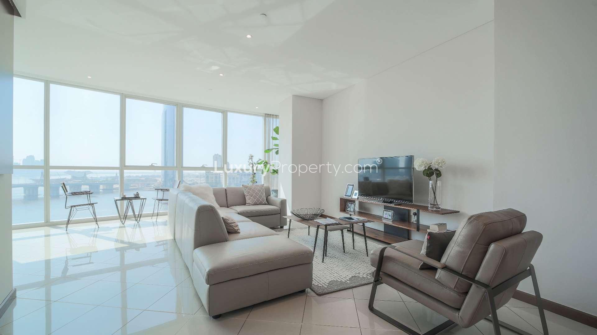 Modern living room in two-bedroom apartment, Festival City, Dubai, Marsa Plaza, spacious layout
