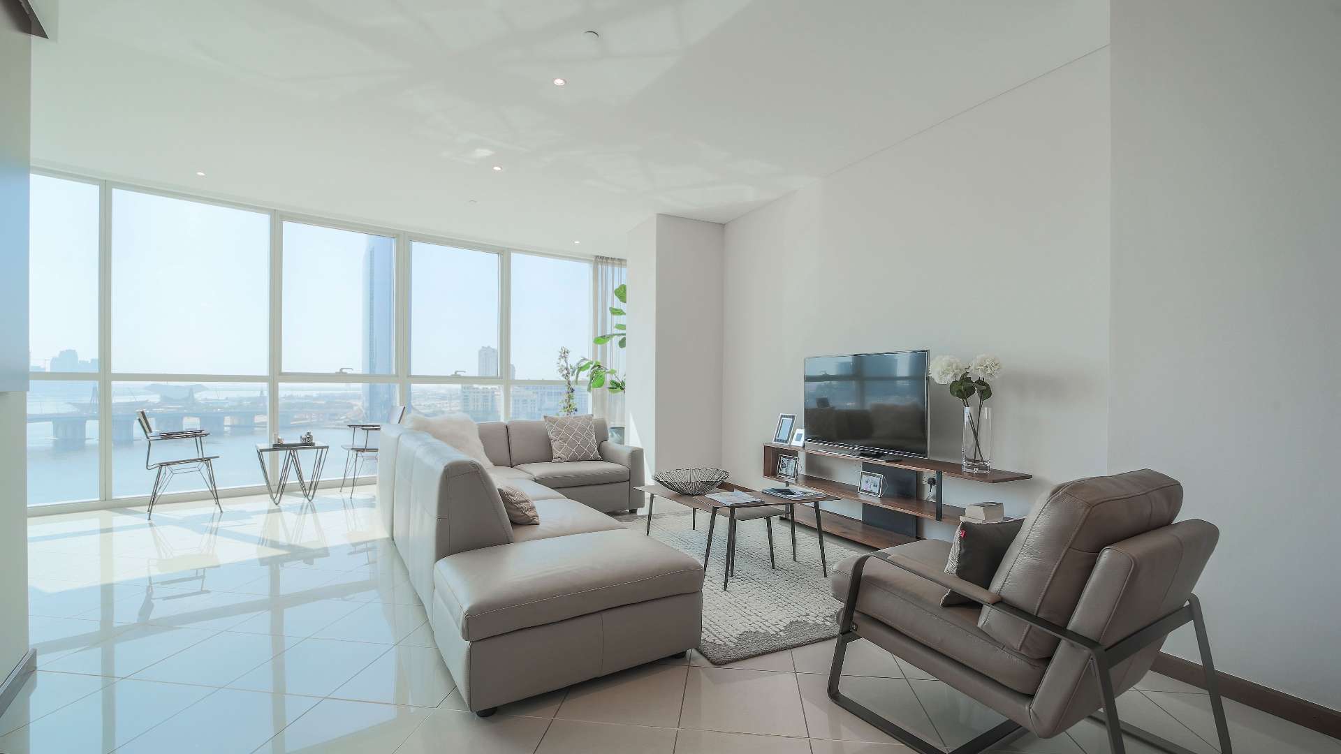 Modern living room in two-bedroom apartment, Festival City, Dubai, Marsa Plaza, spacious layout