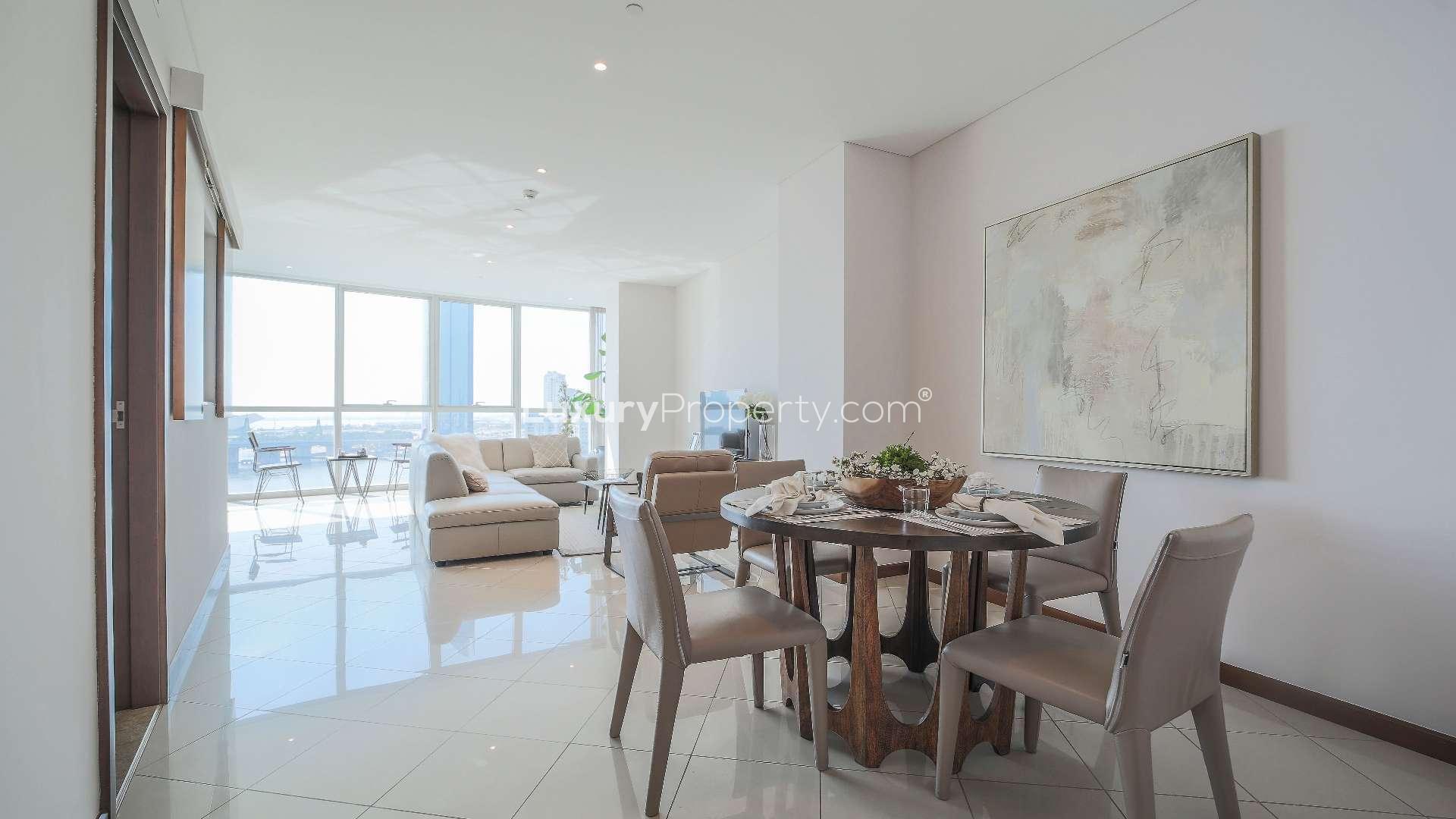 Modern bedroom in two-bedroom apartment, Marsa Plaza, Festival City, Dubai, with elegant decor