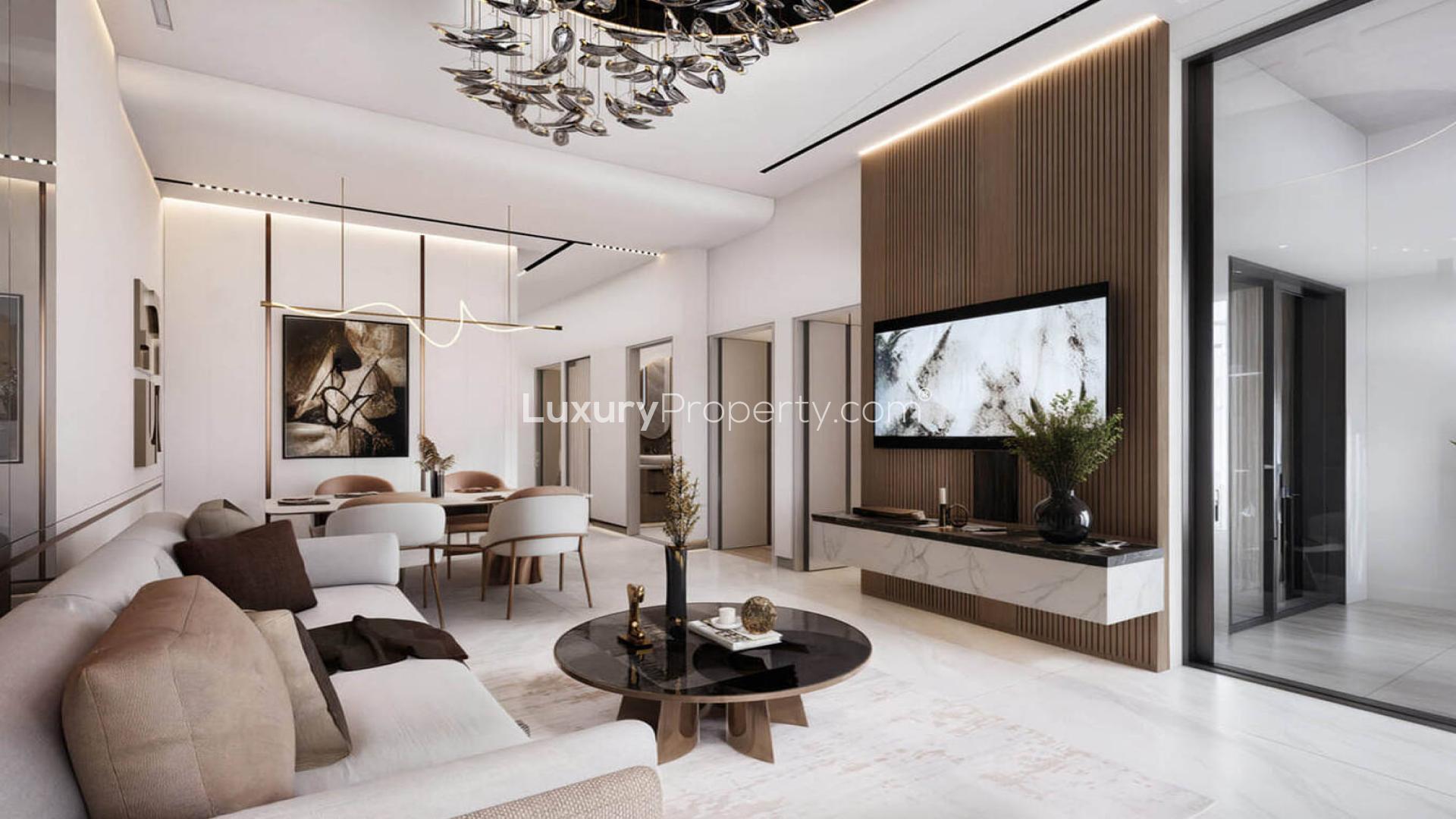 Luxurious living room in beachfront apartment, Bonds Avenue, Dubai Islands, panoramic city view