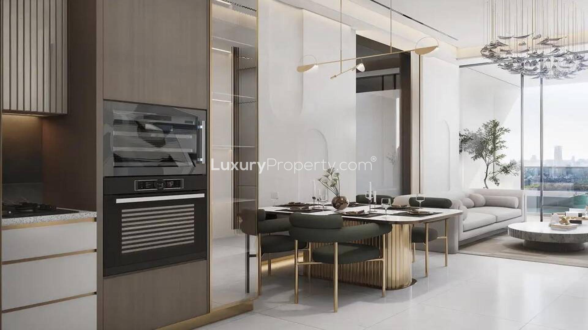 Luxurious kitchen and dining area in beachfront Dubai Islands apartment, Bonds Avenue