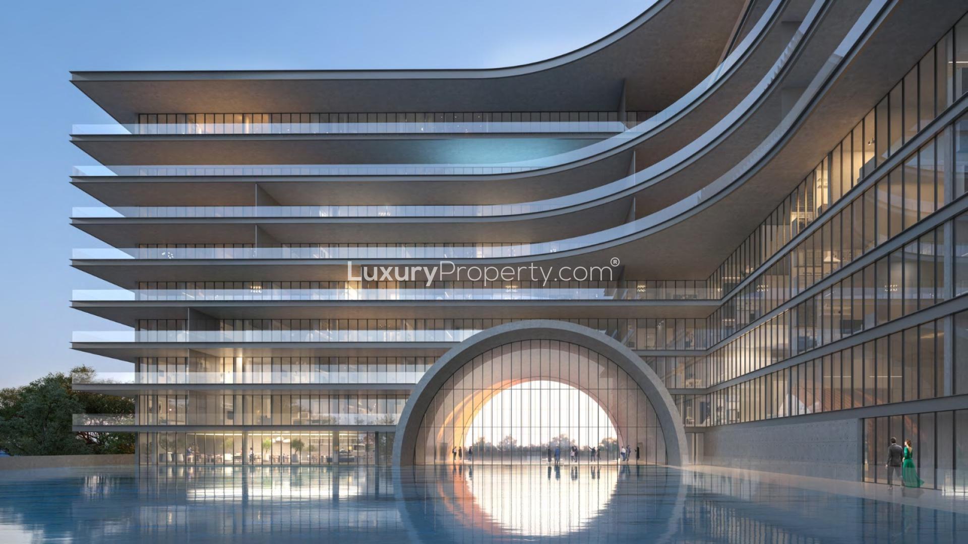 Modern dining room with ocean view in Armani Beach Residences, Palm Jumeirah apartment for sale