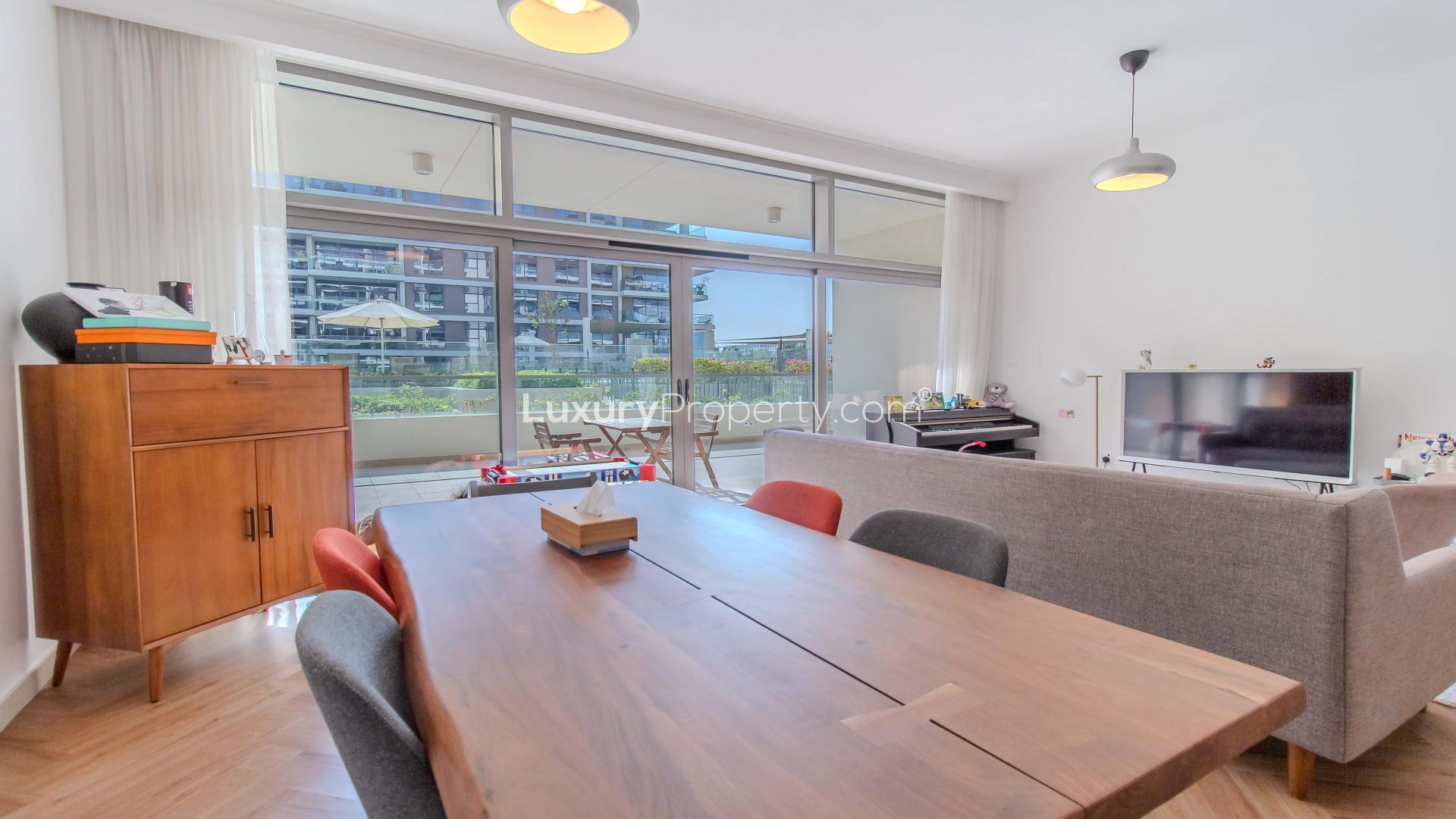 Modern living room and kitchen in Mulberry apartment, Dubai Hills Estate, Park Heights