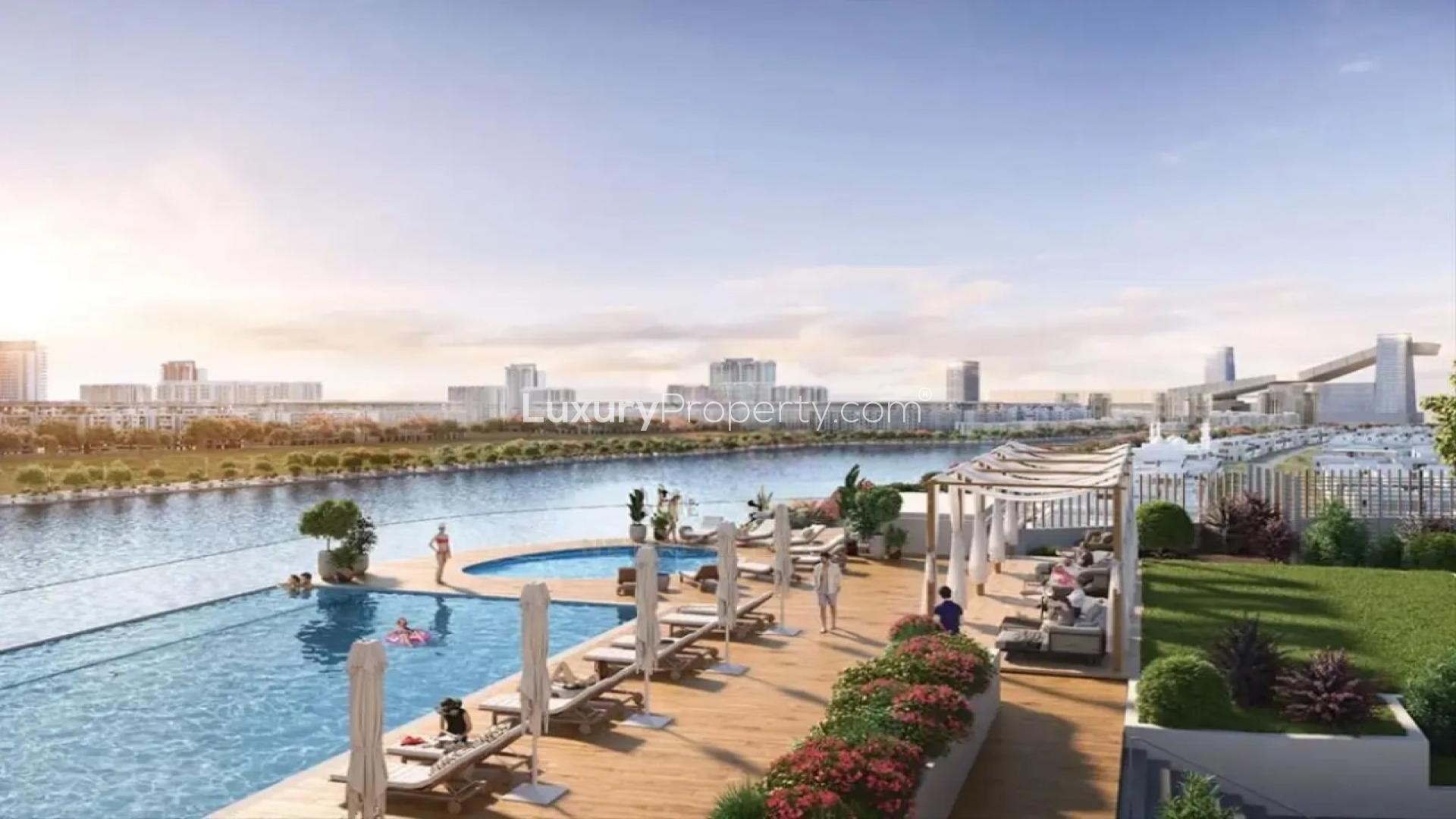 Modern kitchen in Lagoon View Residence, Sobha Hartland, with sleek design and island seating