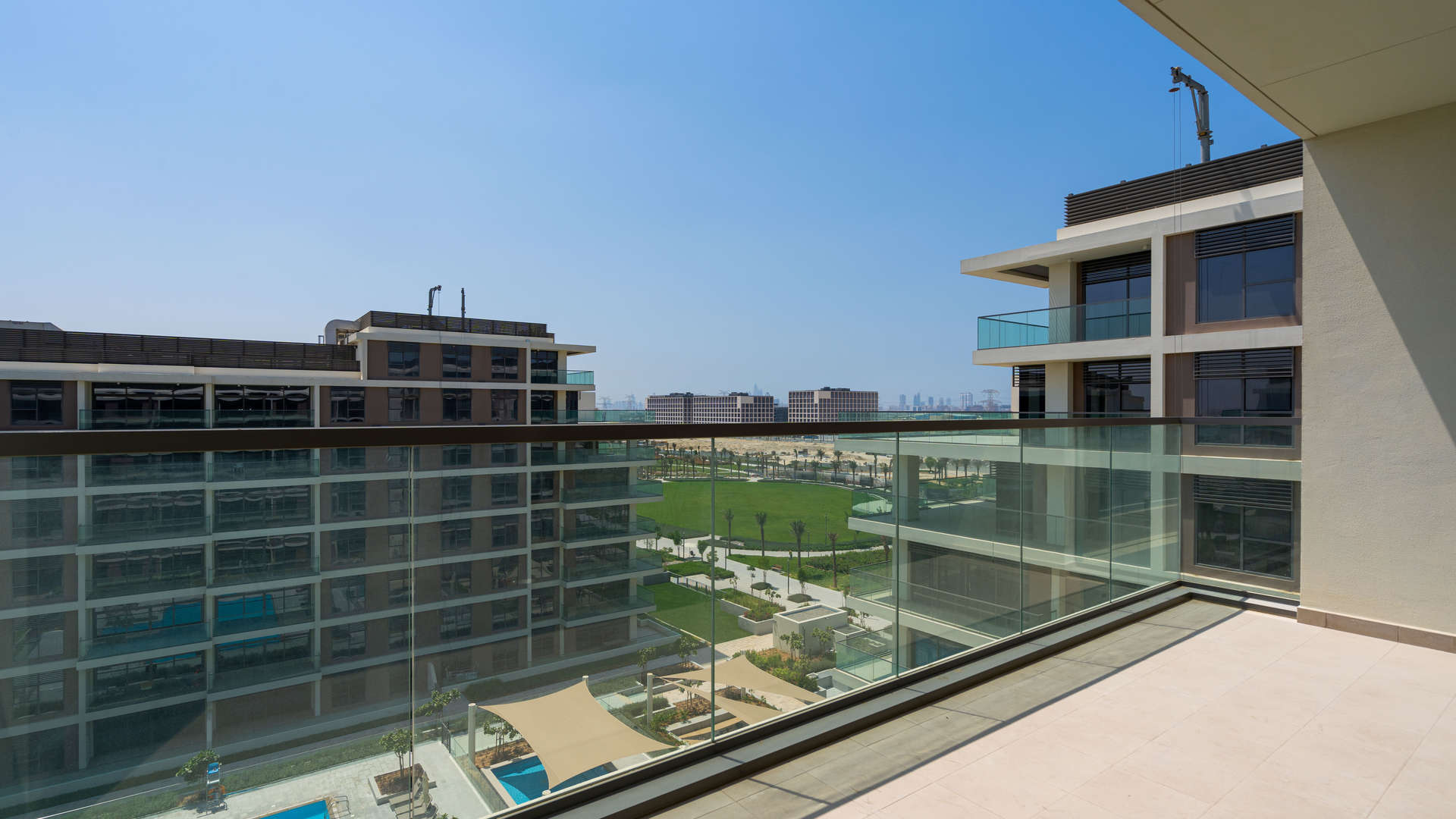 2-bedroom apartment view, Mulberry Park Heights, Dubai Hills Estate, overlooking pool and park