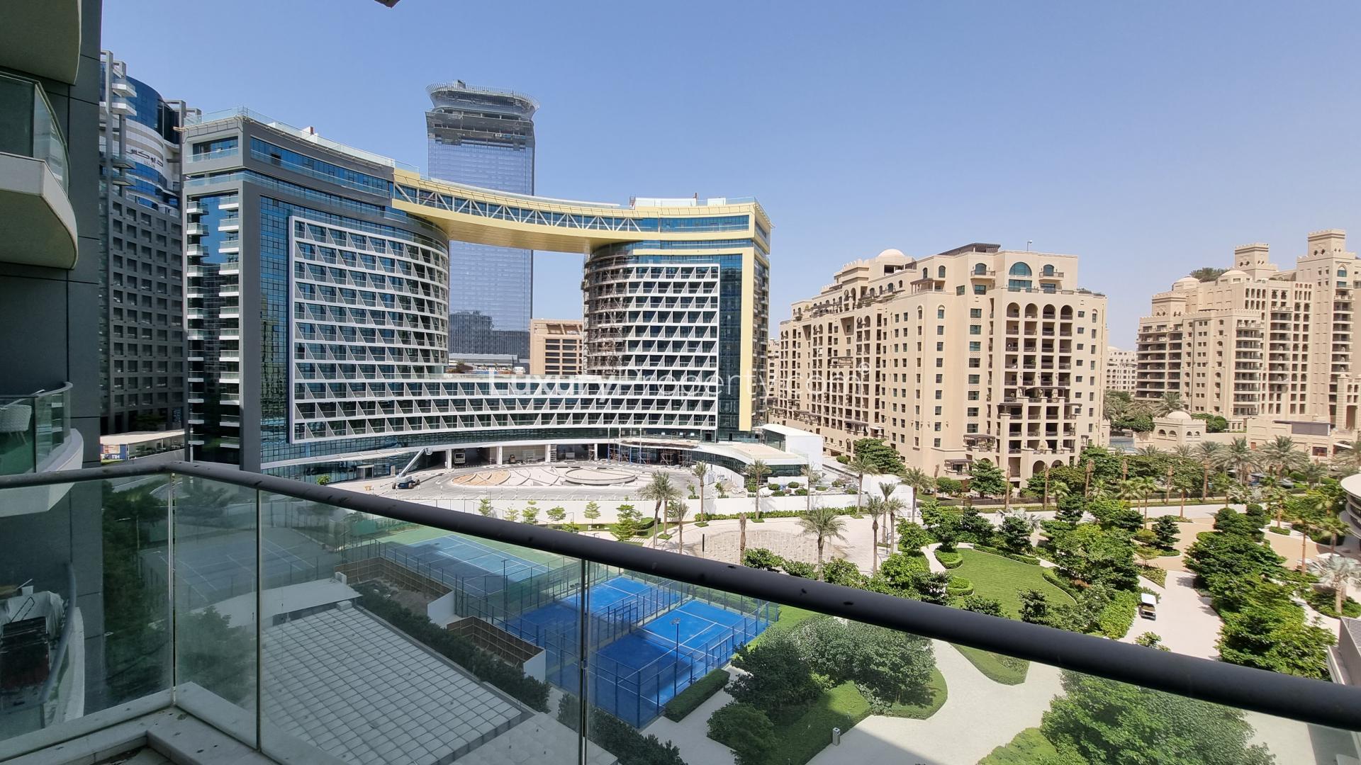 Balcony view from Oceana apartment overlooking Palm Jumeirah beach and skyline