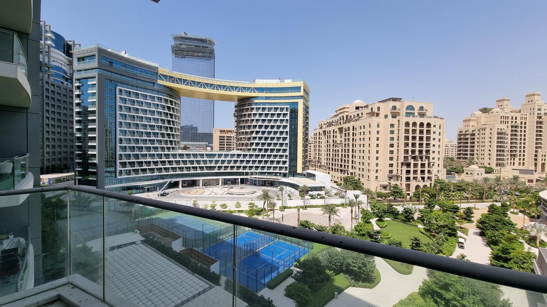 Balcony view from Oceana apartment overlooking Palm Jumeirah beach and skyline