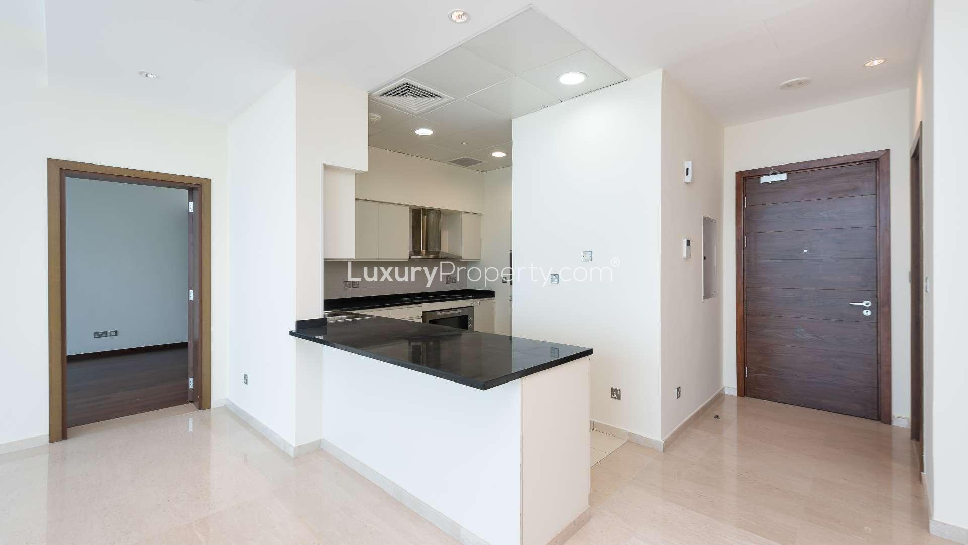 Modern kitchen in luxury Palm Jumeirah apartment for sale, featuring sleek cabinetry and appliances