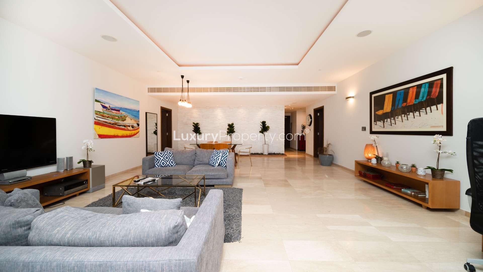 Luxurious living room in Palm Jumeirah apartment, modern decor, spacious layout, Oceana community