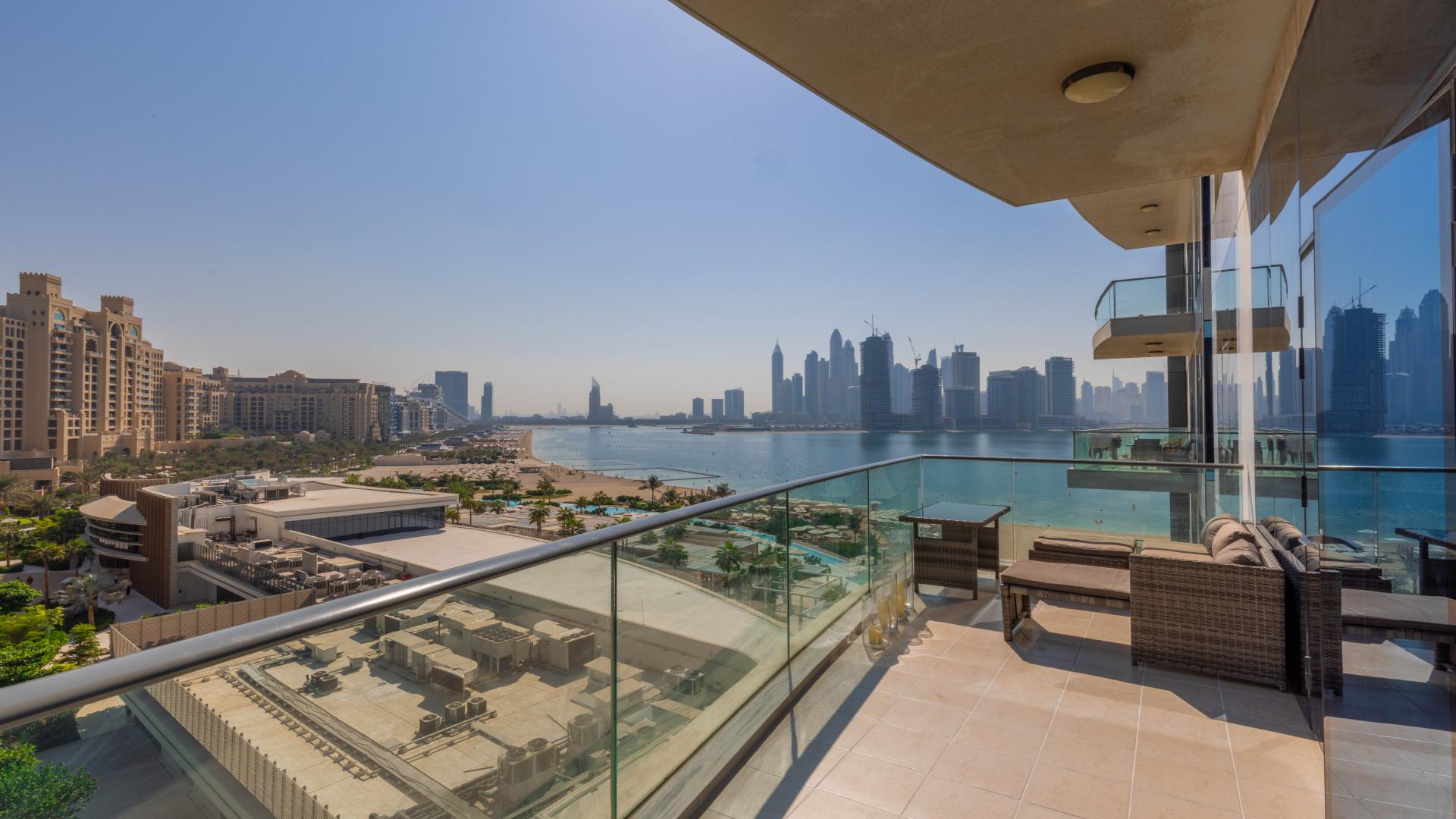 Balcony view of Oceana apartment overlooking modern architecture and tennis courts, Palm Jumeirah