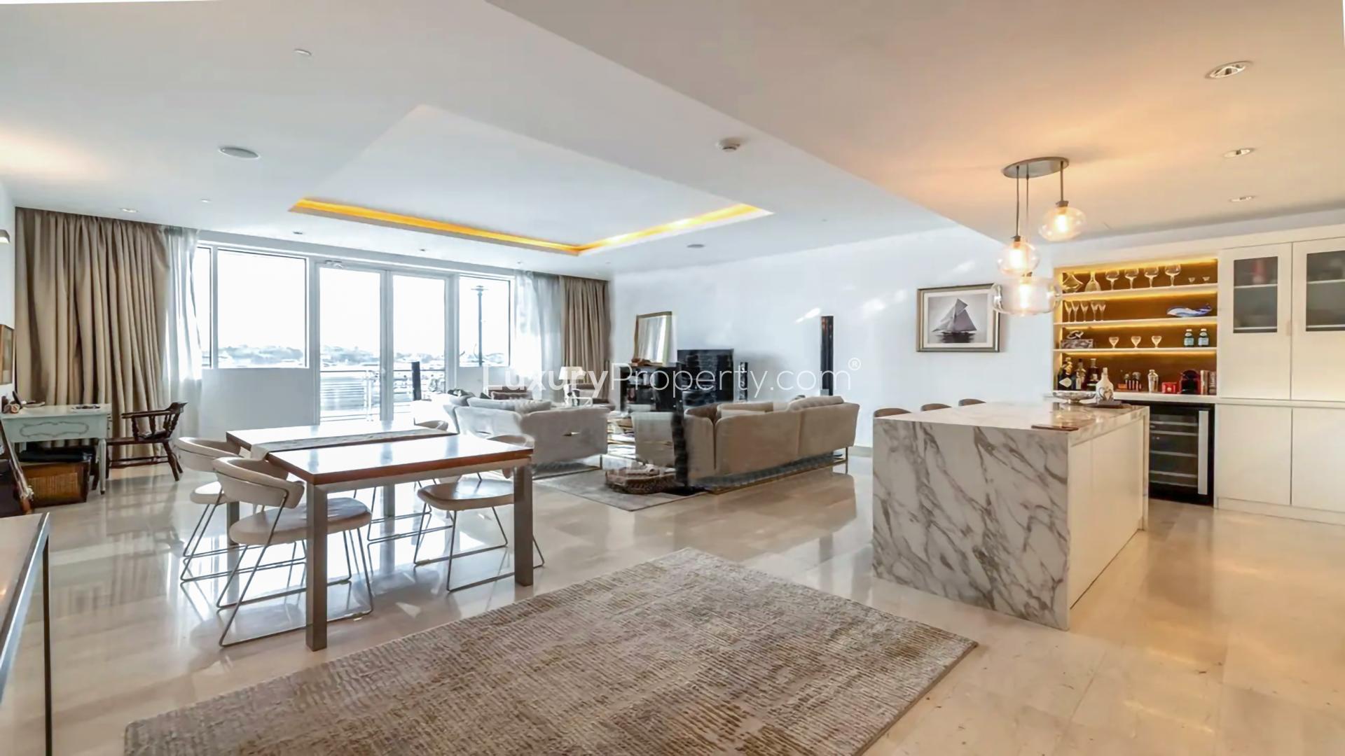 Luxurious modern kitchen in 5-bedroom apartment, Oceana, Palm Jumeirah, Dubai, with island seating