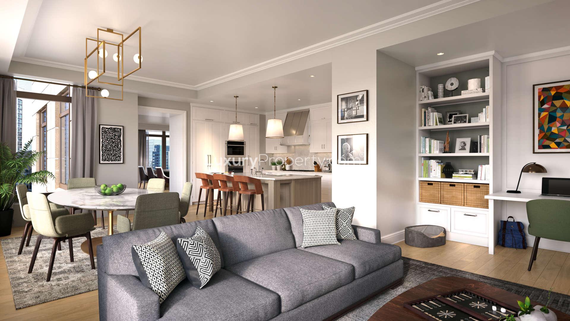 Luxurious living room in two-bed apartment, One Bennett Park, Chicago, with city views