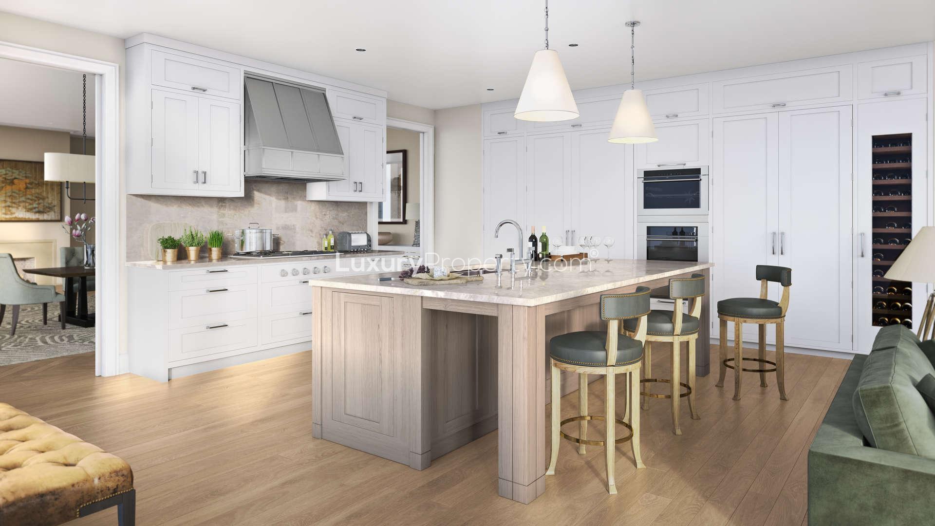 Modern living area in luxury apartment at One Bennett Park, Chicago, with open kitchen