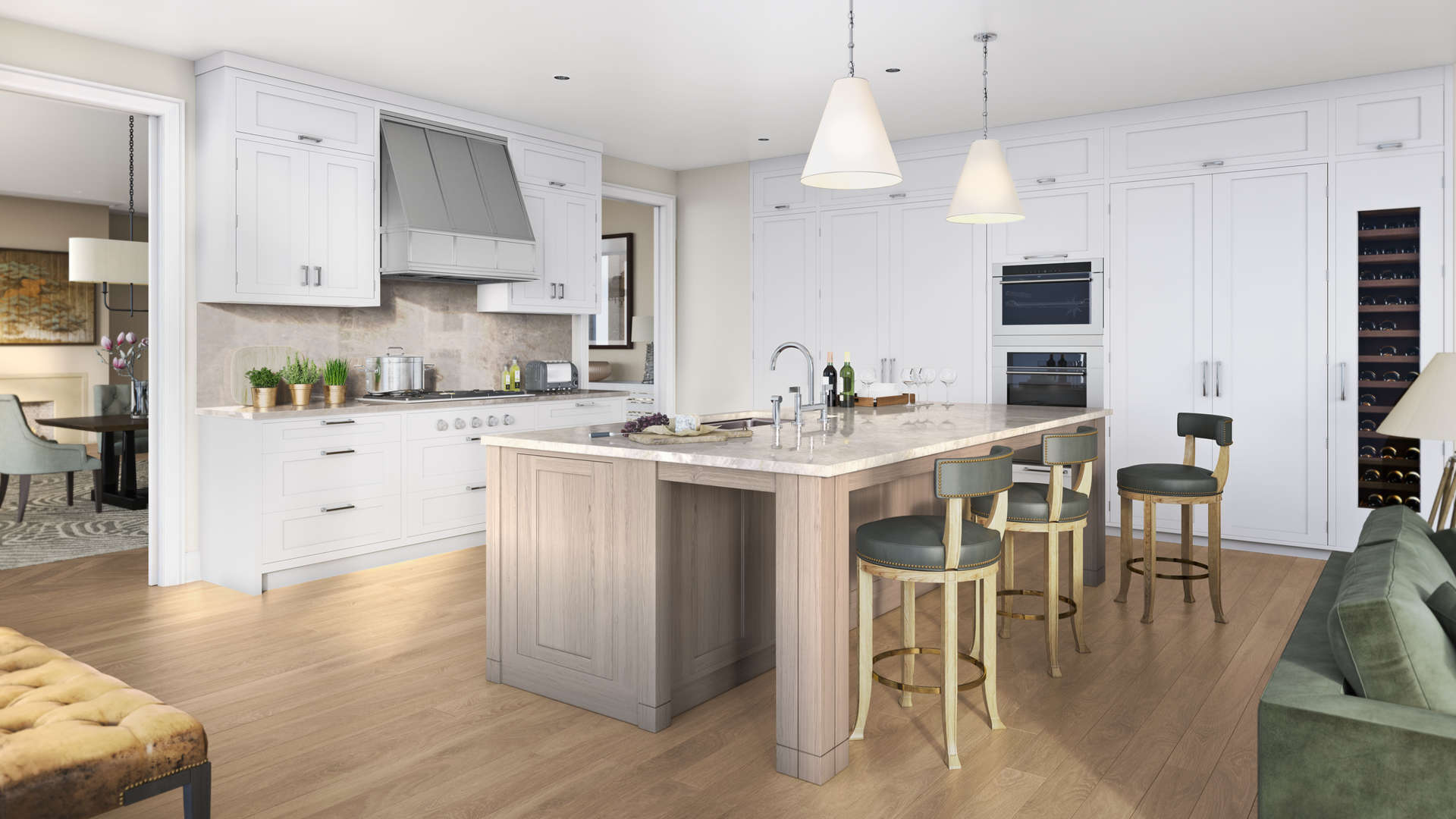 Modern living area in luxury apartment at One Bennett Park, Chicago, with open kitchen