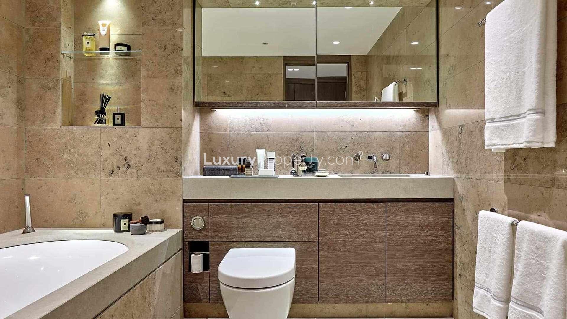 Luxurious bedroom in two-bedroom apartment, One Blackfriars, Southwark, London, with stylish decor