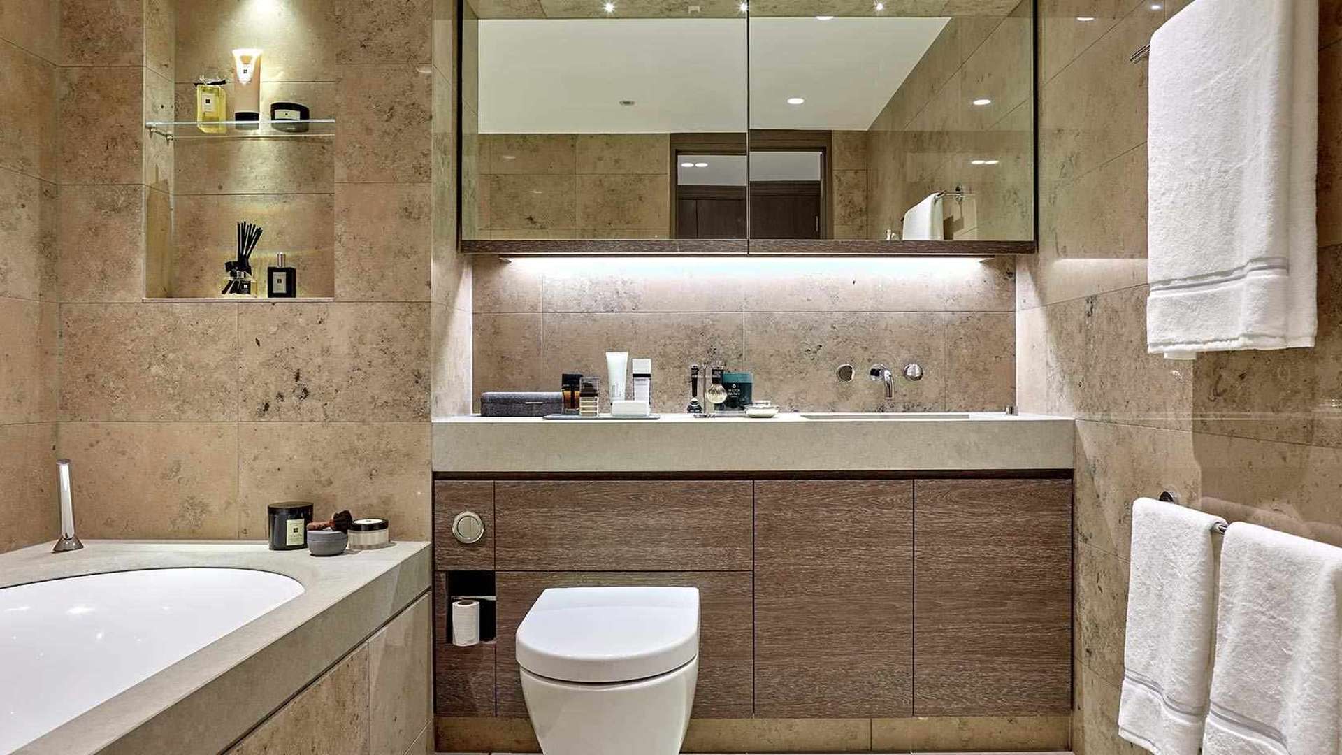 Luxurious bedroom in two-bedroom apartment, One Blackfriars, Southwark, London, with stylish decor