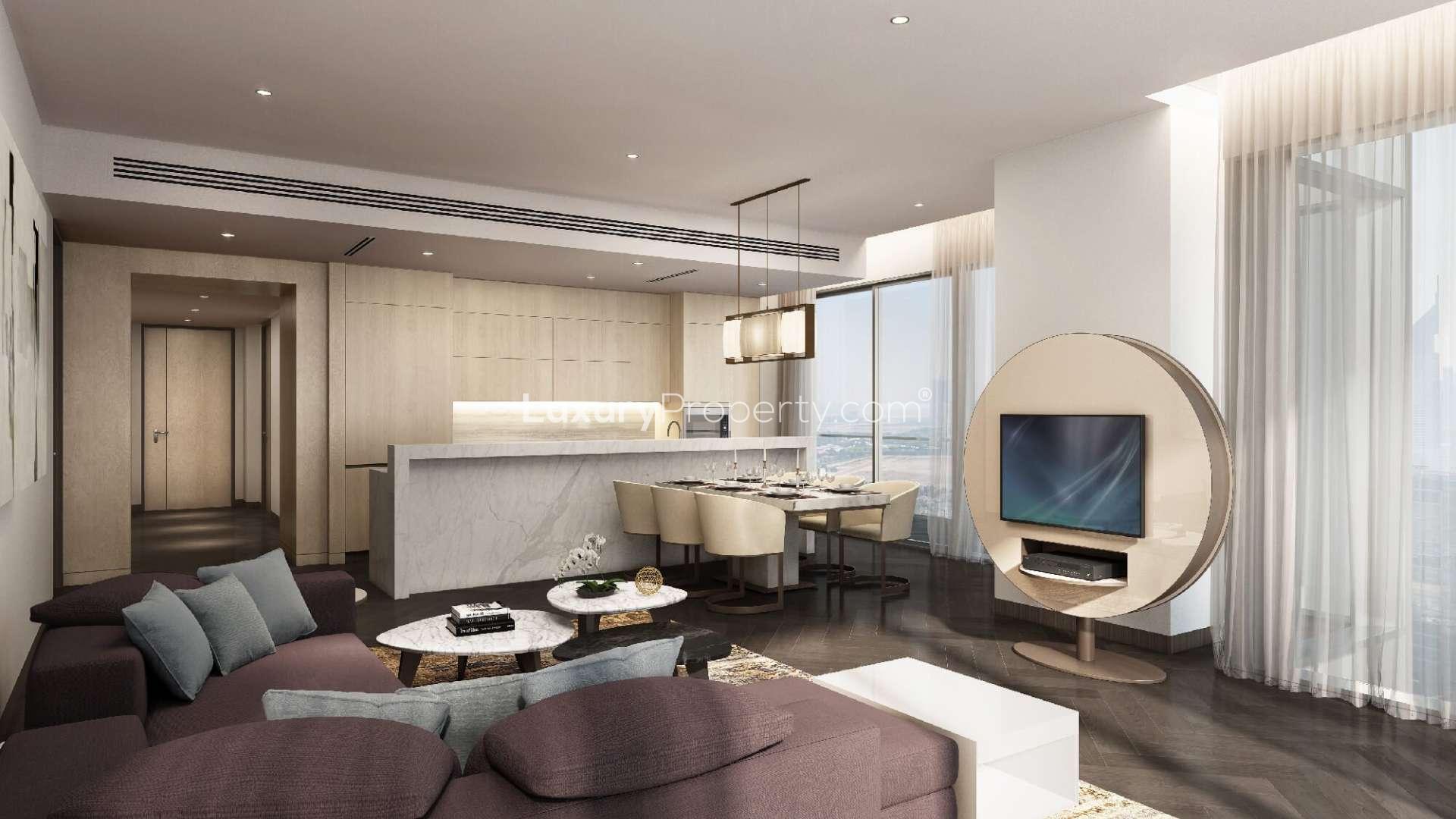 Luxury living room in One Za'abeel apartment, Dubai, with city views and modern decor