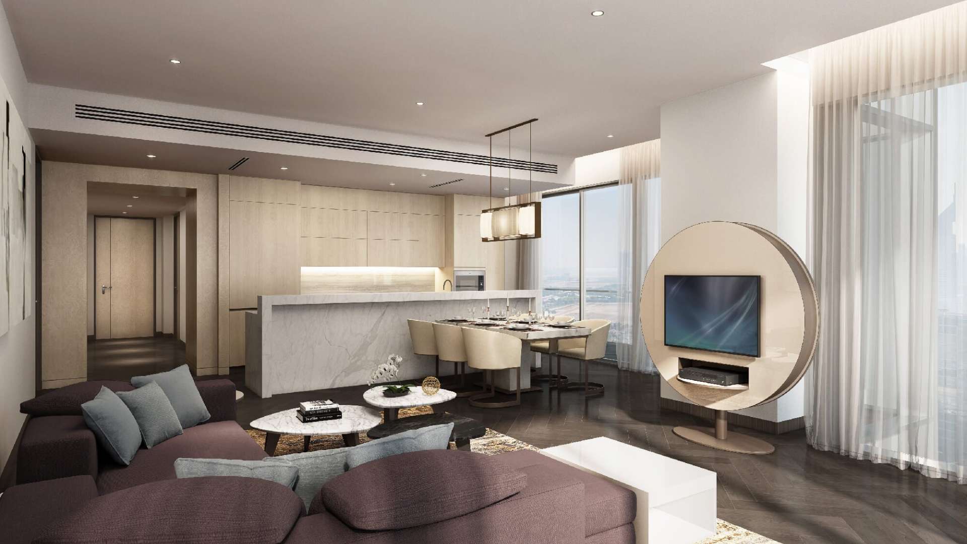 Luxury living room in One Za'abeel apartment, Dubai, with city views and modern decor