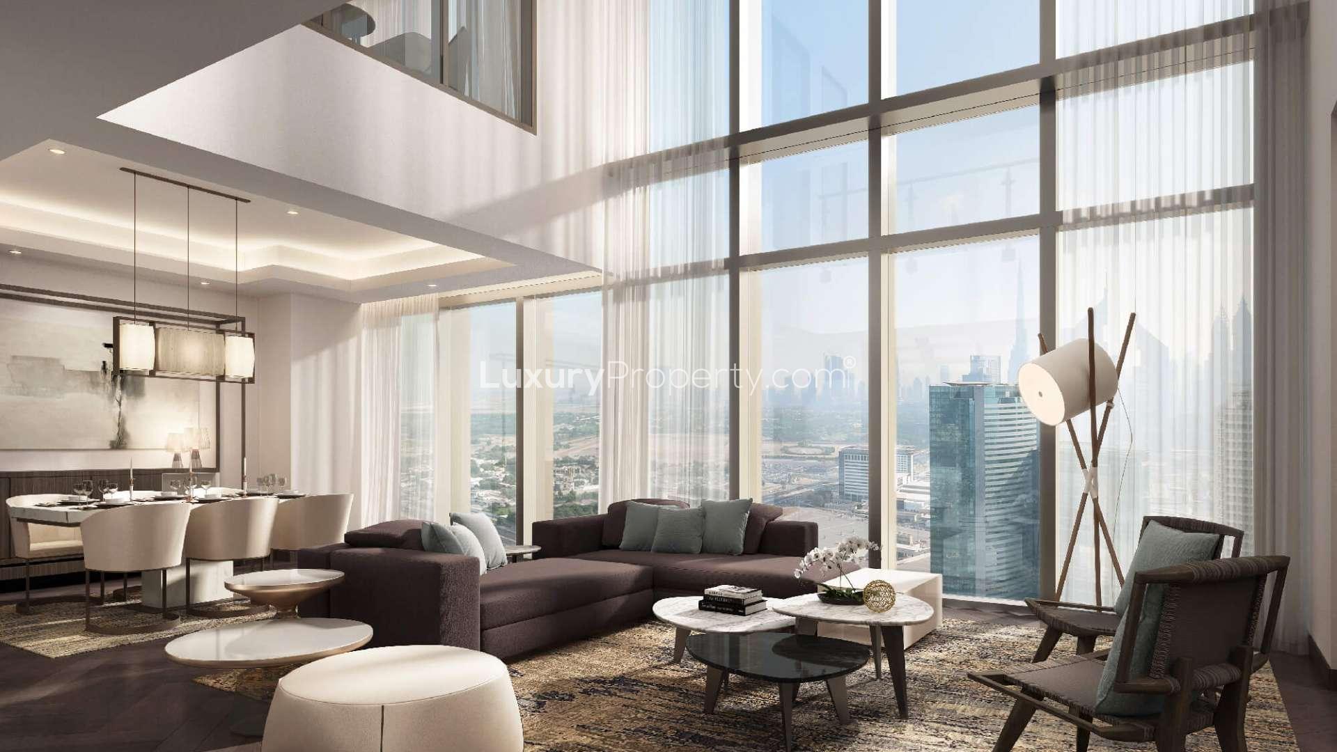 Luxury living room and dining area in One Za'abeel, Downtown Dubai apartment for sale
