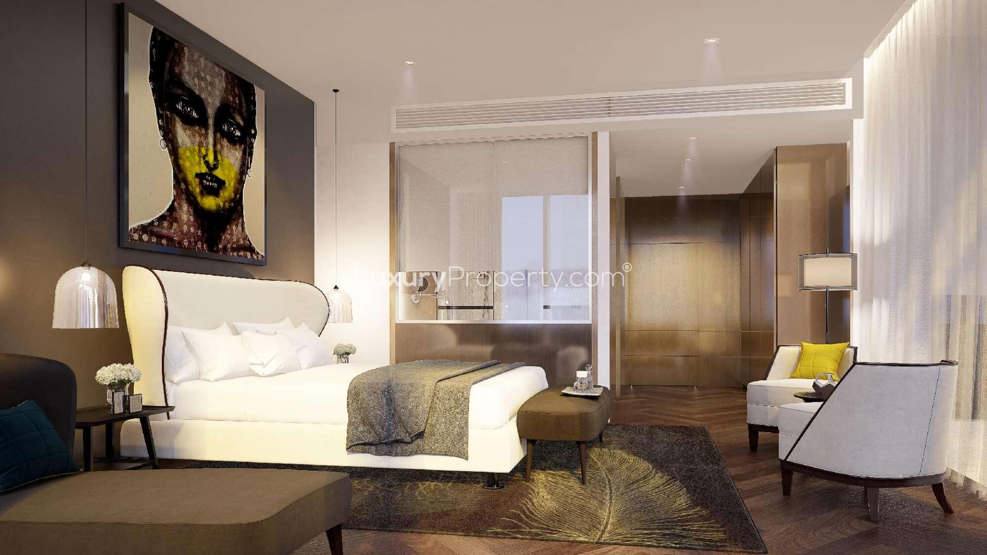 Luxury living room in One Za'abeel apartment, Downtown Dubai, with city skyline views