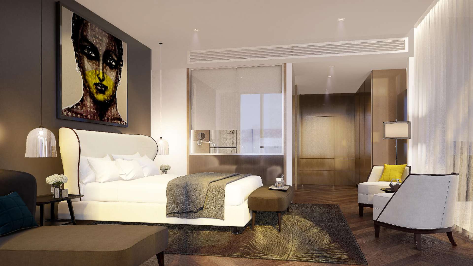 Luxury living room in One Za'abeel apartment, Downtown Dubai, with city skyline views