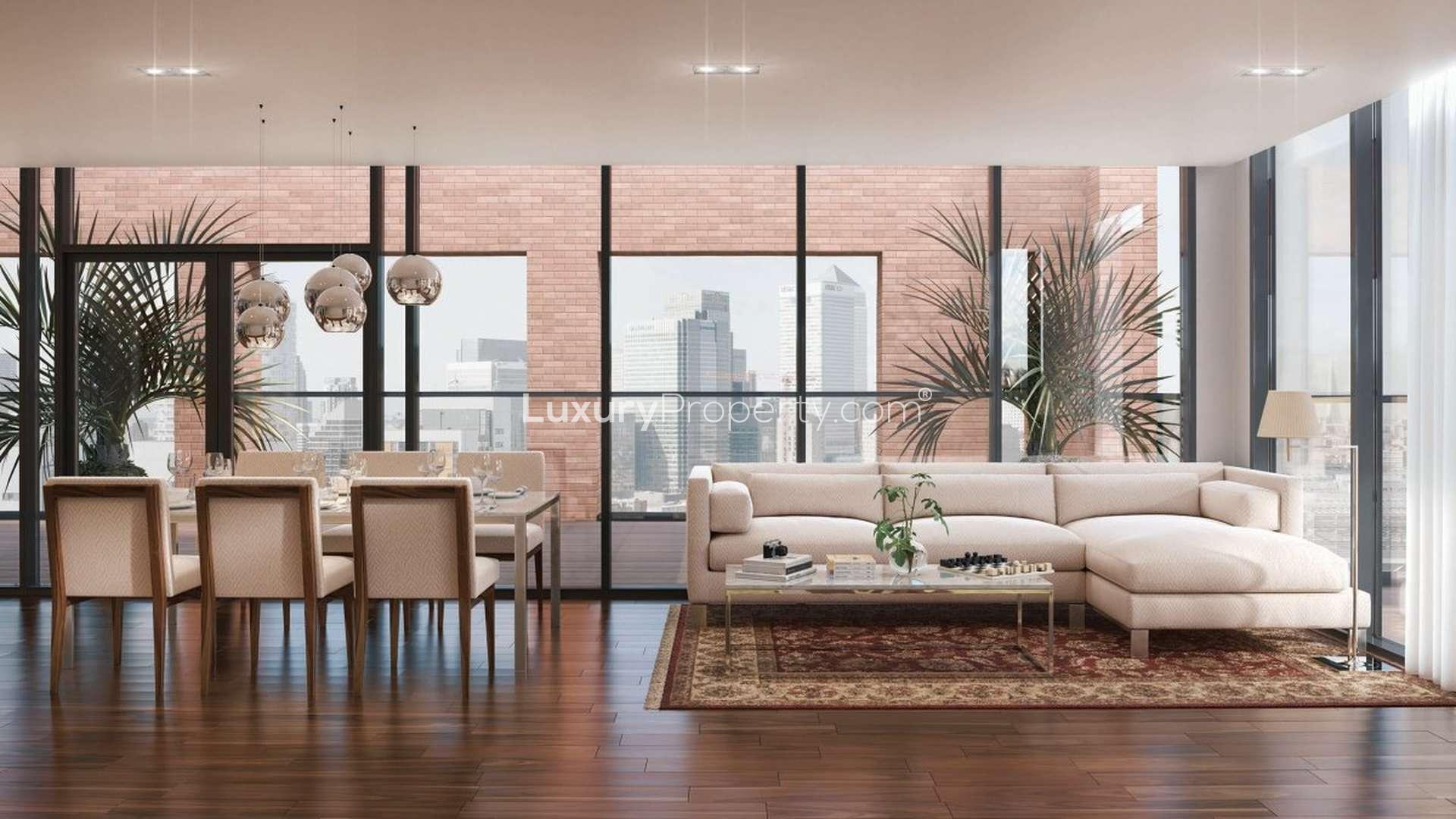 Luxurious Orchard Wharf apartment exterior at dusk in London Docklands, two-bedroom duplex