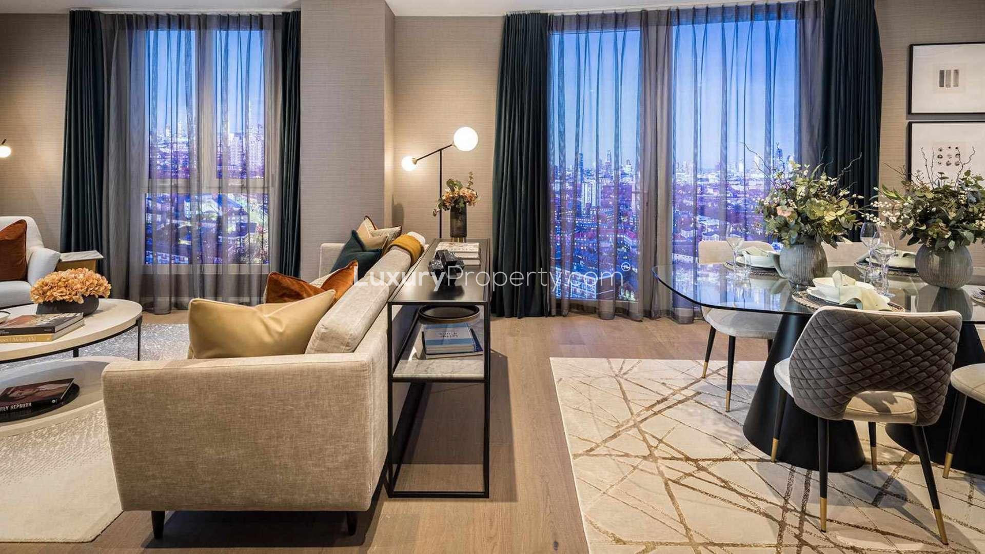 Modern living room in spacious two-bed apartment, Juniper Gardens, Oval Village, London