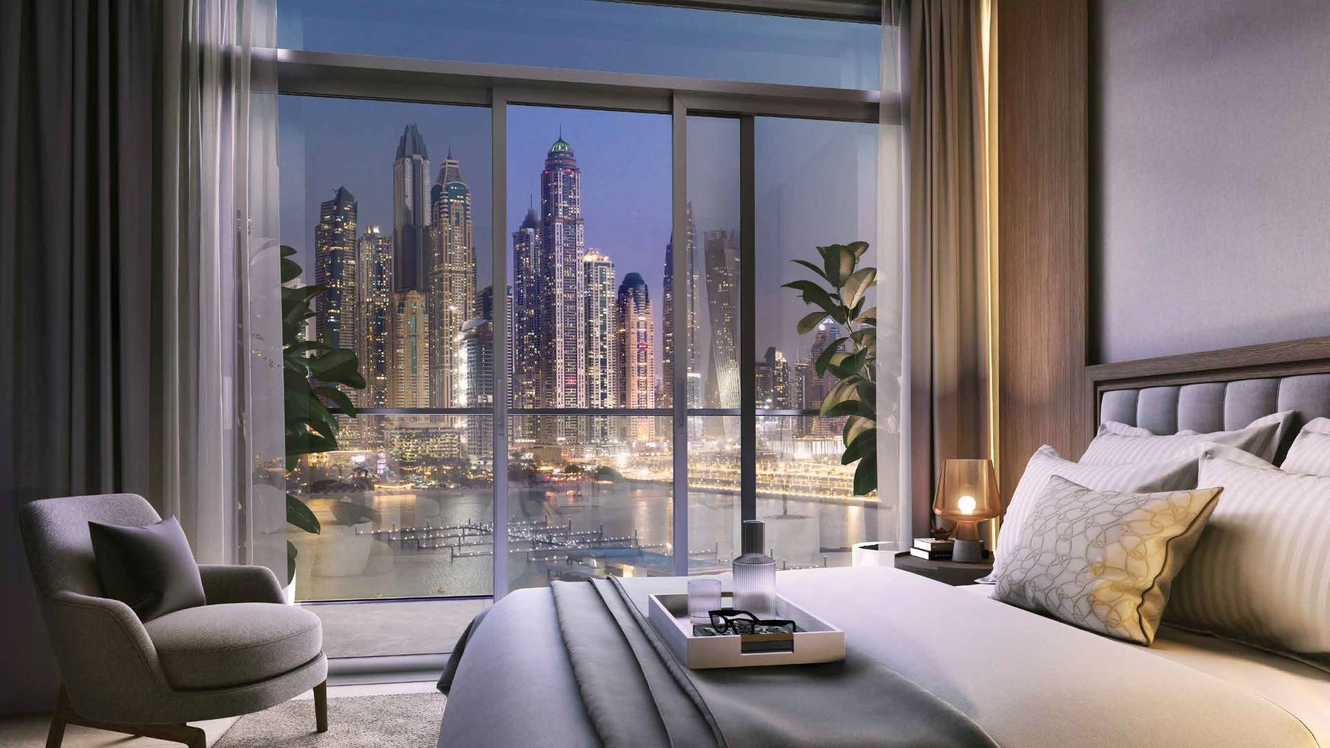 N/A,Luxurious bedroom with stunning Dubai Harbour skyline view at Emaar Beachfront apartment
