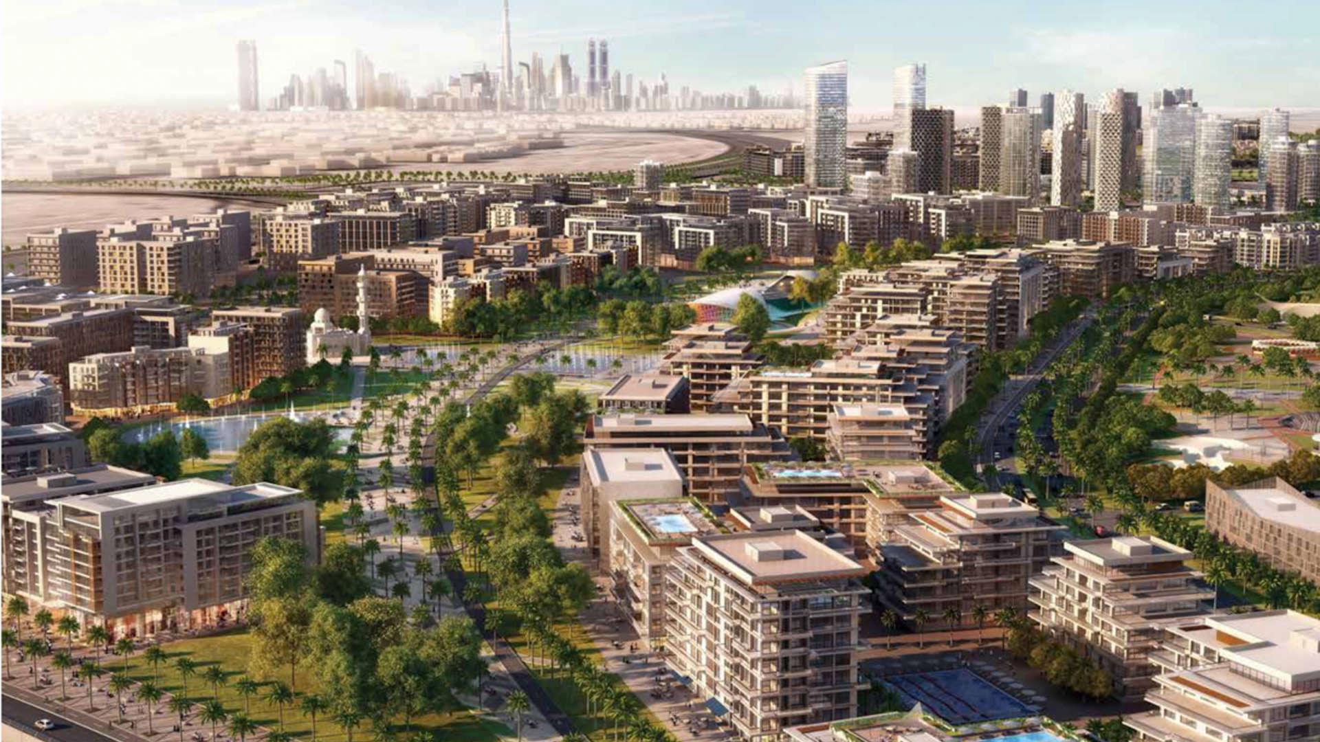 Aerial view of Park Field community, Dubai Hills Estate, lush greenery and modern apartments