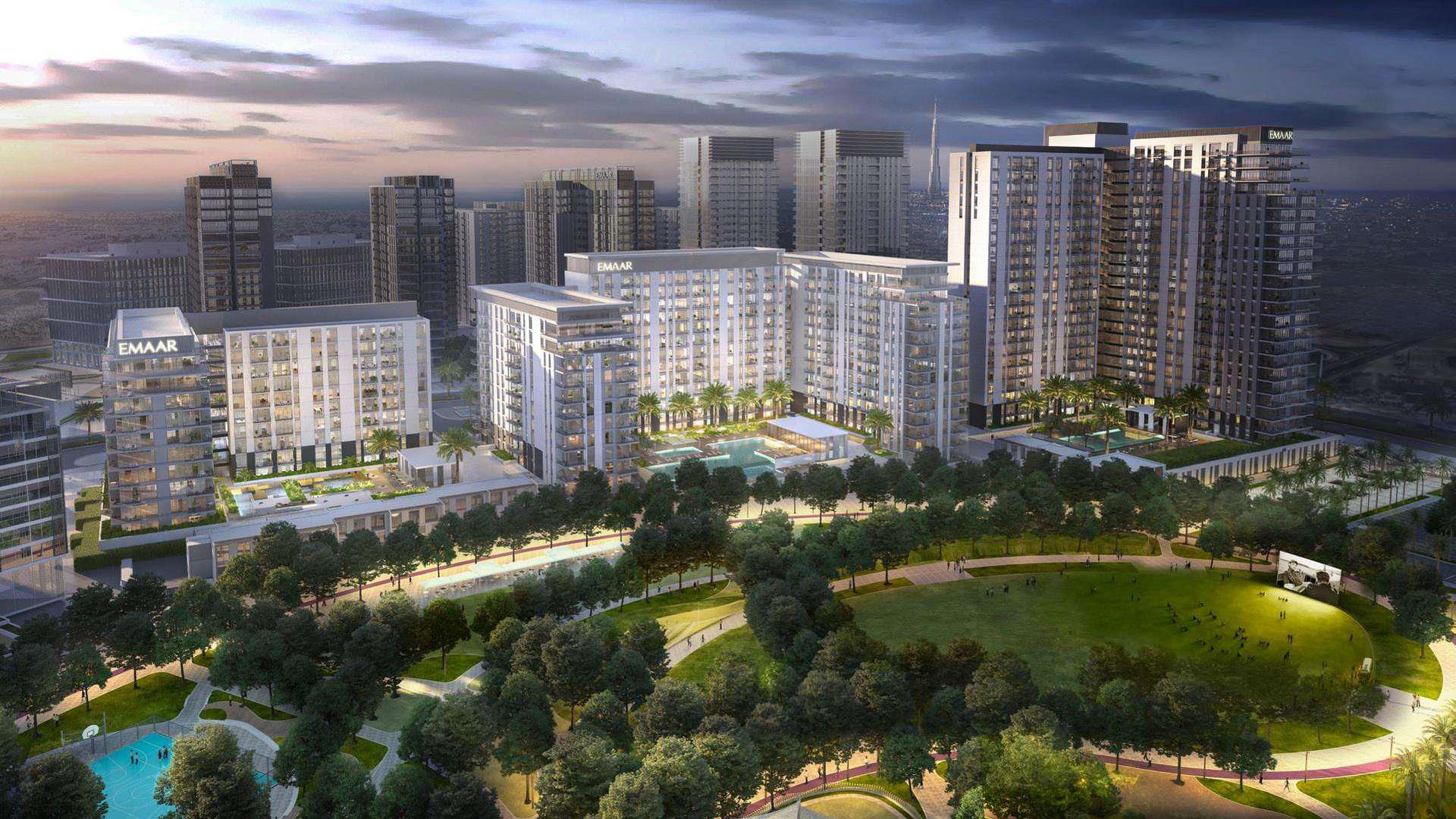 Aerial view of Park Field apartments in Dubai Hills Estate with lush green surroundings