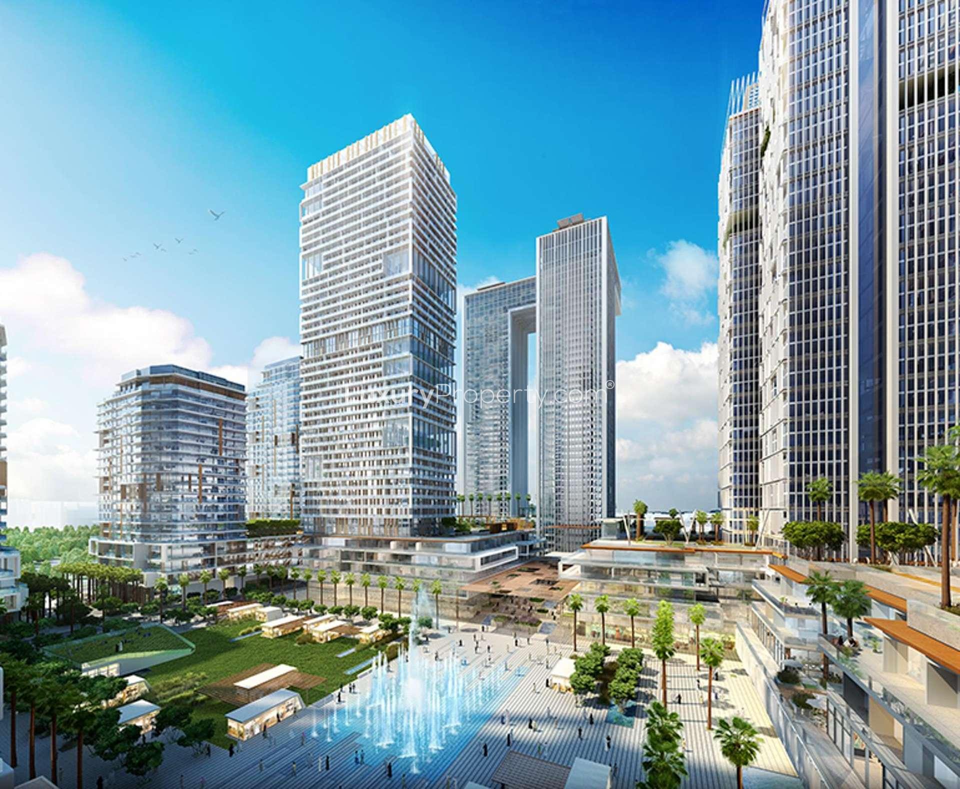 Elegant Park Gate Residences exterior with people, fountains, and greenery in Zabeel District