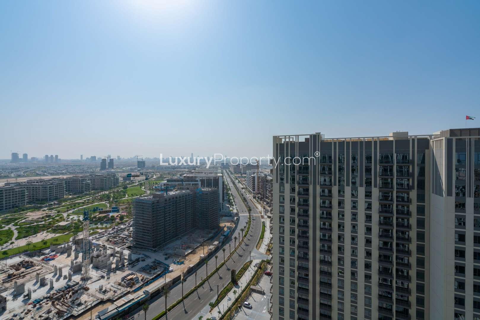 Aerial view of Park Heights apartment buildings in Dubai Hills Estate under construction